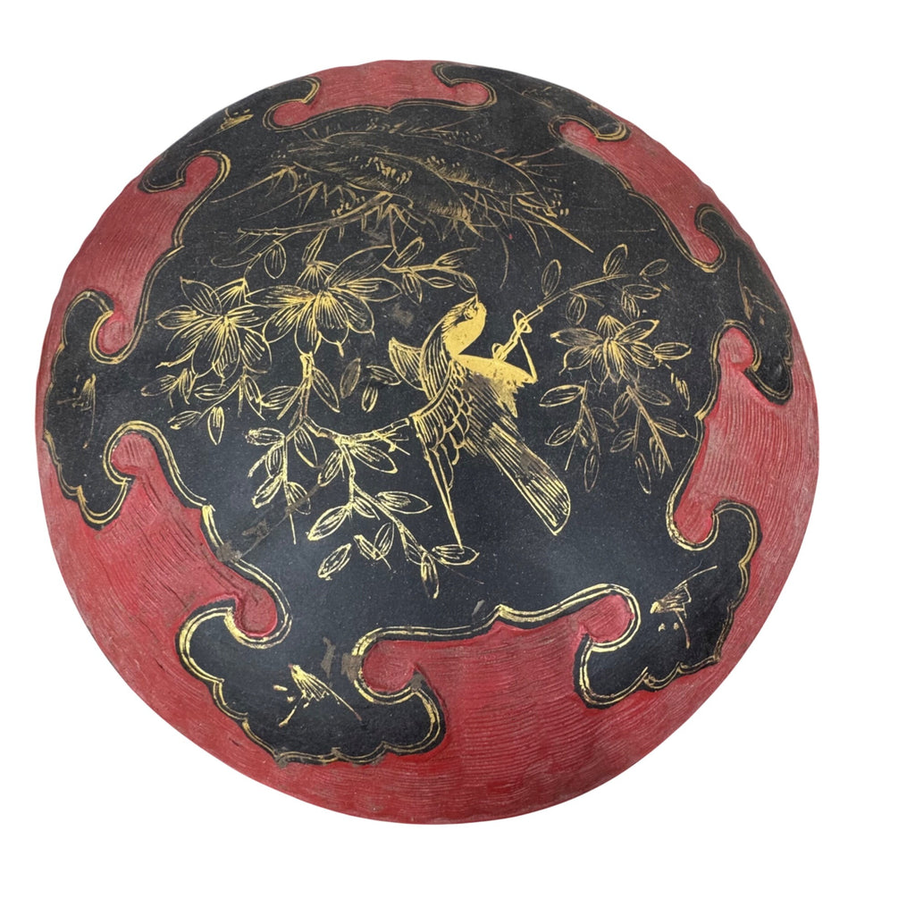 Antique Chinese Peranakan Wedding Basket Hand Painted Black Lacquer Red Bamboo