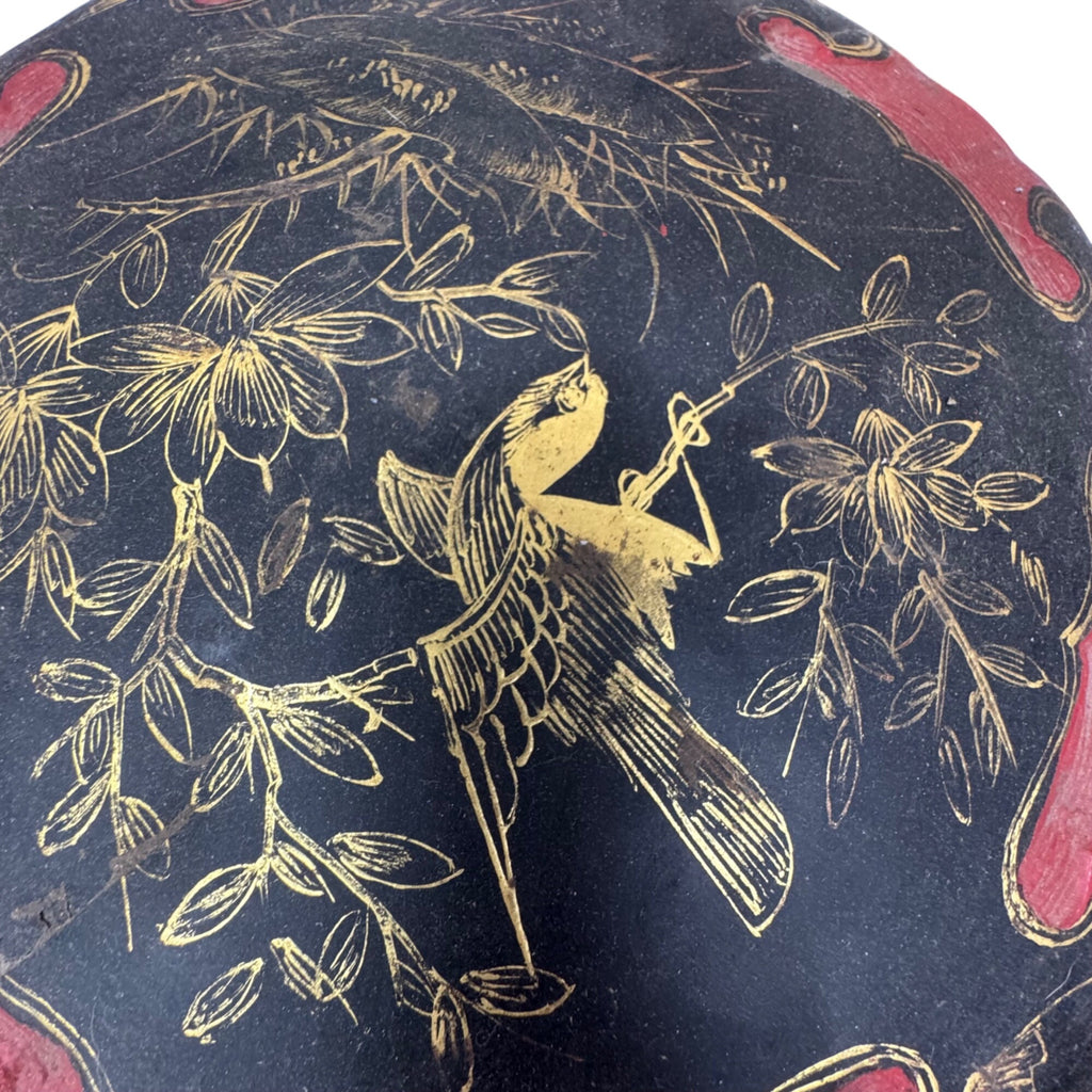 Antique Chinese Peranakan Wedding Basket Hand Painted Black Lacquer Red Bamboo