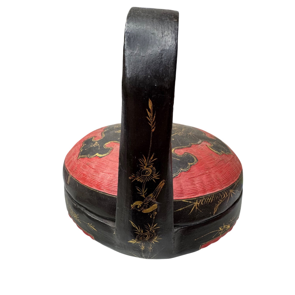Antique Chinese Peranakan Wedding Basket Hand Painted Black Lacquer Red Bamboo