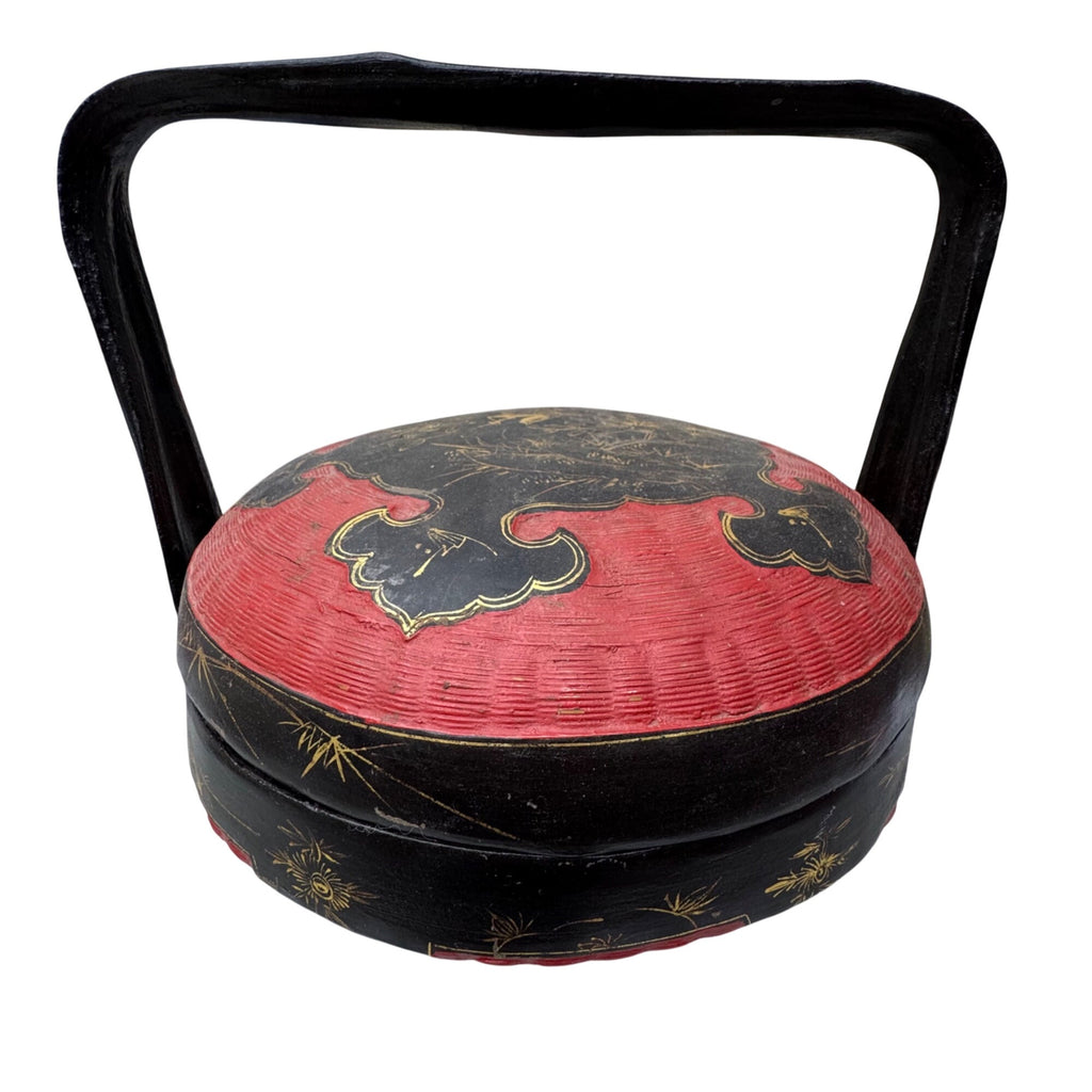 Antique Chinese Peranakan Wedding Basket Hand Painted Black Lacquer Red Bamboo
