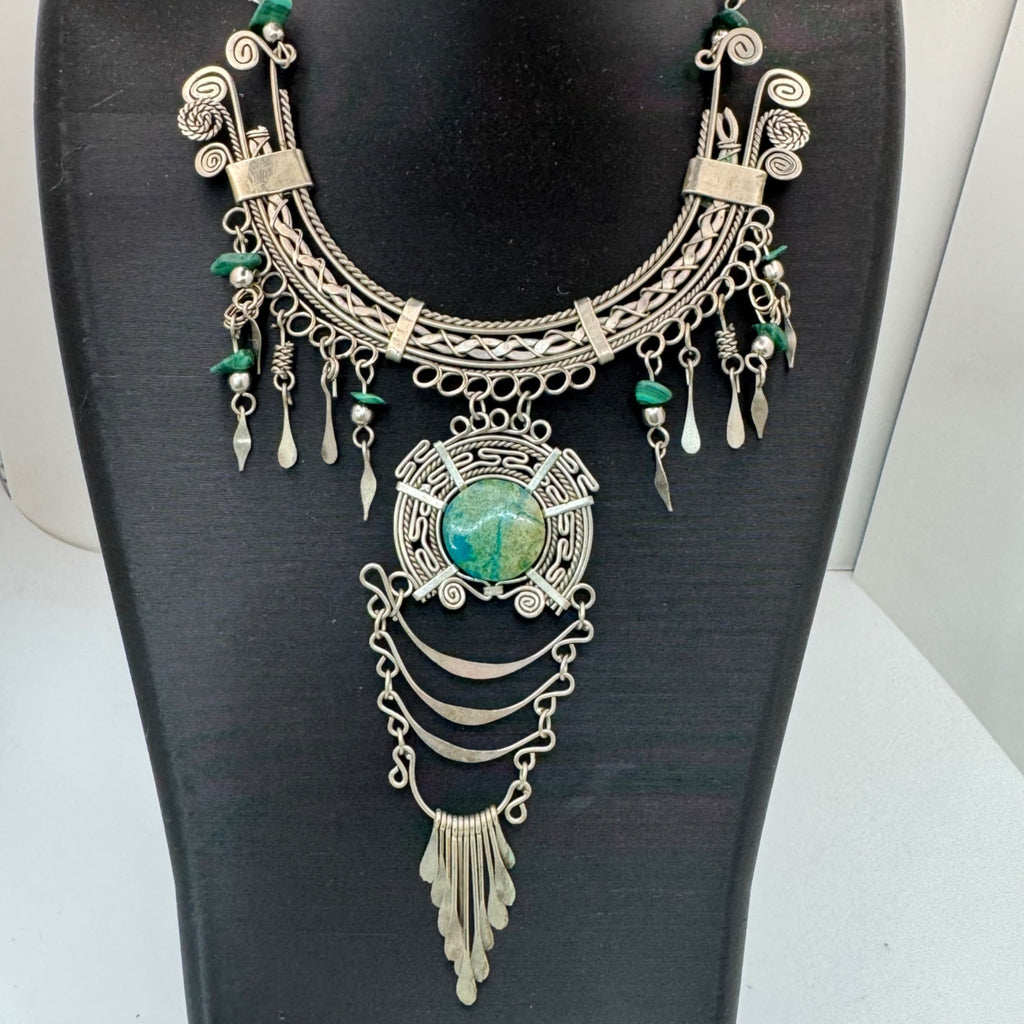 Vtg Alpaca Turquoise Statement Choker Bib Chandelier Drop Dangle Necklace 18"