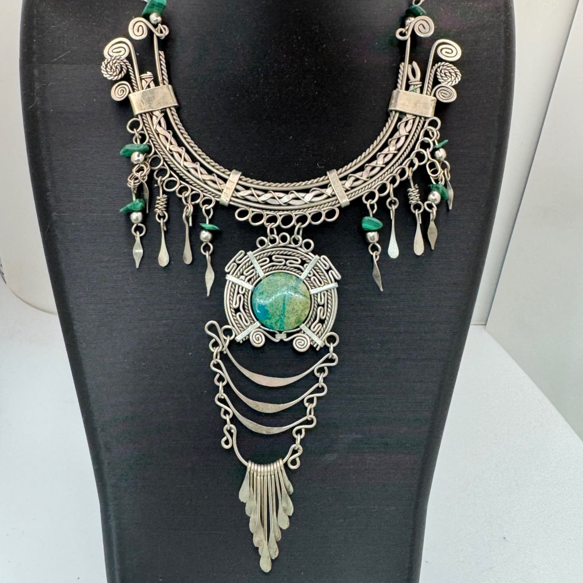 Vtg Alpaca Turquoise Statement Choker Bib Chandelier Drop Dangle Necklace 18"