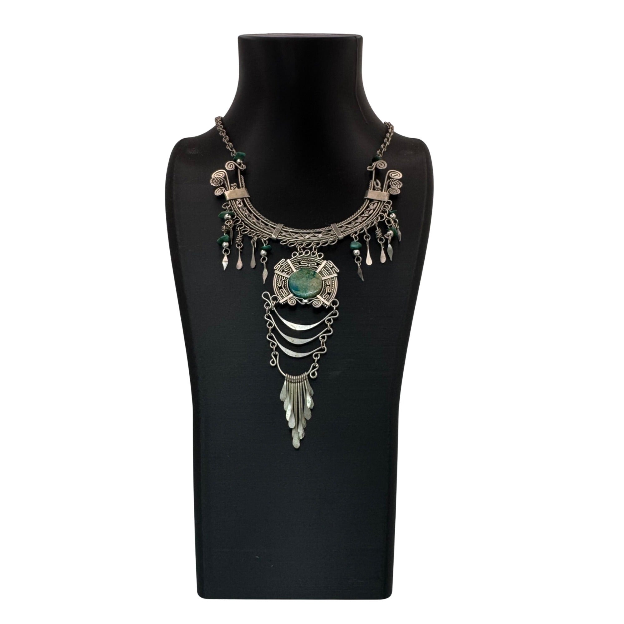 Vtg Alpaca Turquoise Statement Choker Bib Chandelier Drop Dangle Necklace 18"