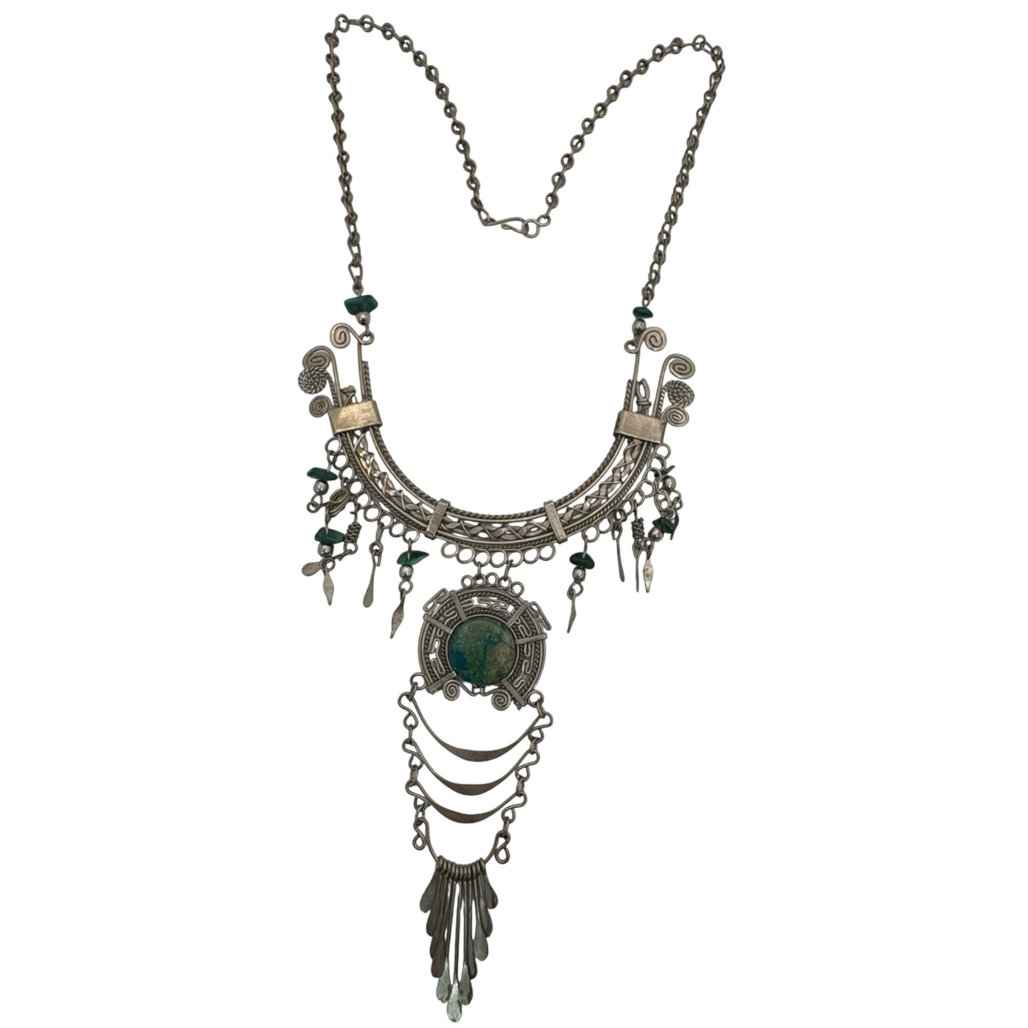 Vtg Alpaca Turquoise Statement Choker Bib Chandelier Drop Dangle Necklace 18"
