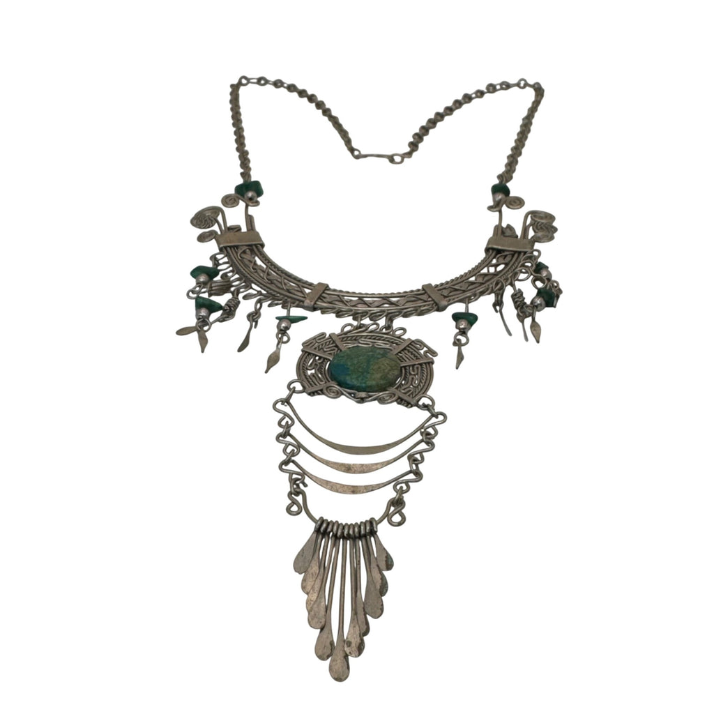 Vtg Alpaca Turquoise Statement Choker Bib Chandelier Drop Dangle Necklace 18"