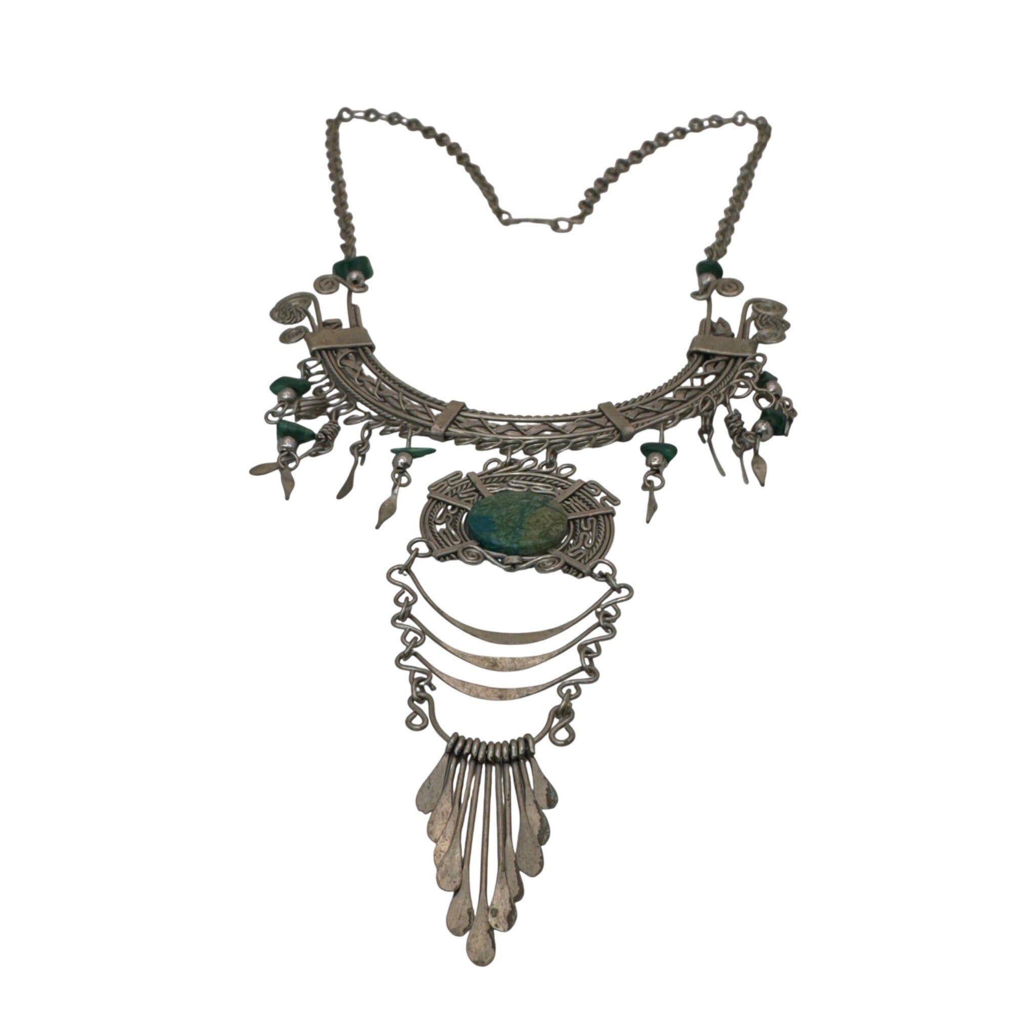 Vtg Alpaca Turquoise Statement Choker Bib Chandelier Drop Dangle Necklace 18"