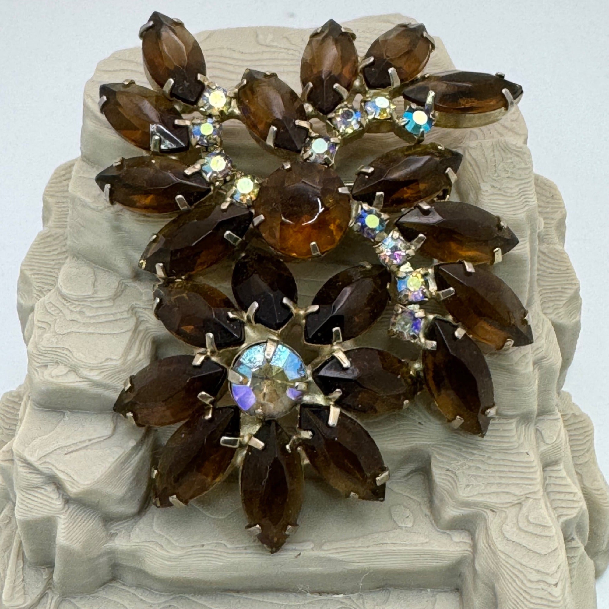 Vintage Dark Amber Glass Rhinestone Floral Brooch Aurora Borealis AB GoldTone 3"