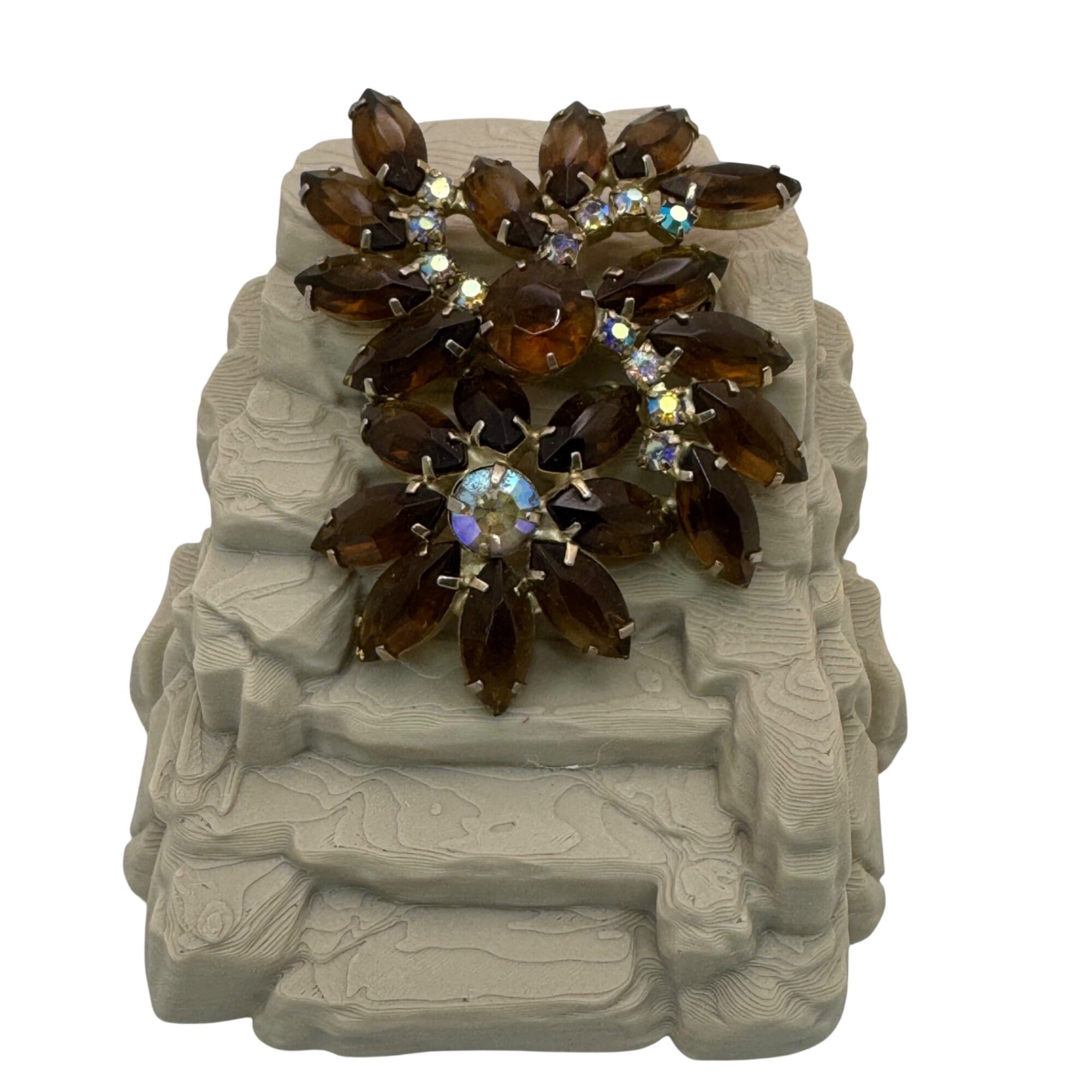 Vintage Dark Amber Glass Rhinestone Floral Brooch Aurora Borealis AB GoldTone 3"