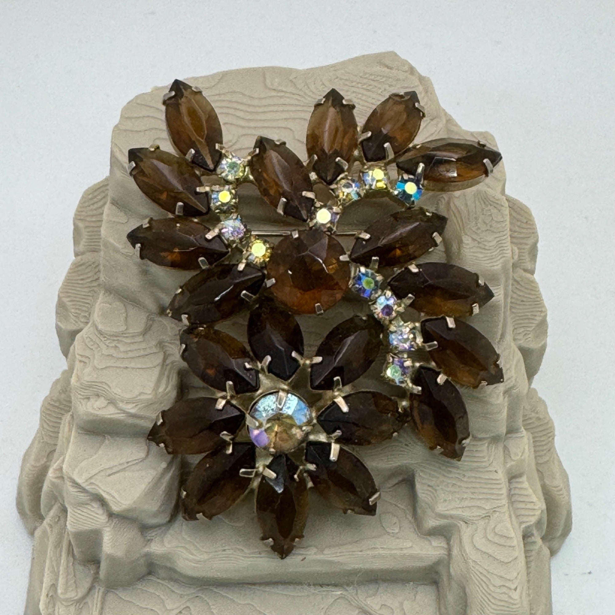 Vintage Dark Amber Glass Rhinestone Floral Brooch Aurora Borealis AB GoldTone 3"