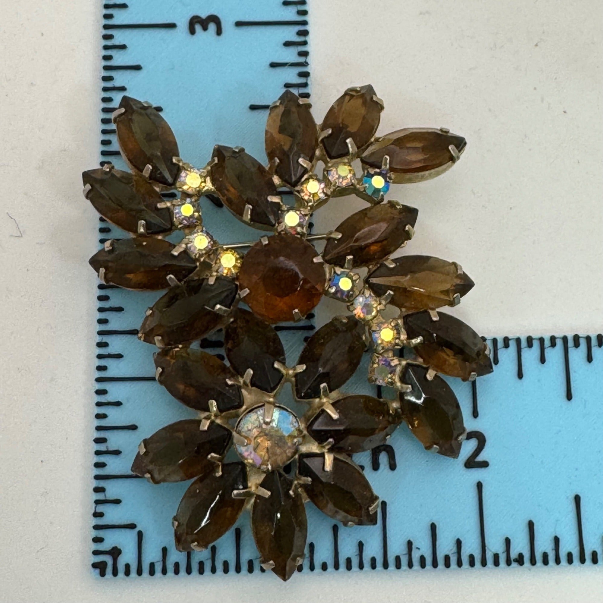 Vintage Dark Amber Glass Rhinestone Floral Brooch Aurora Borealis AB GoldTone 3"