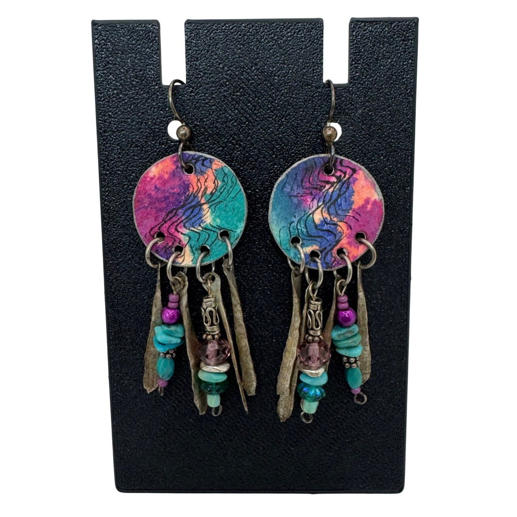 Sterling Boho Artisan Earrings Pink Green Beads Bronze Dangles 80s Chandelier