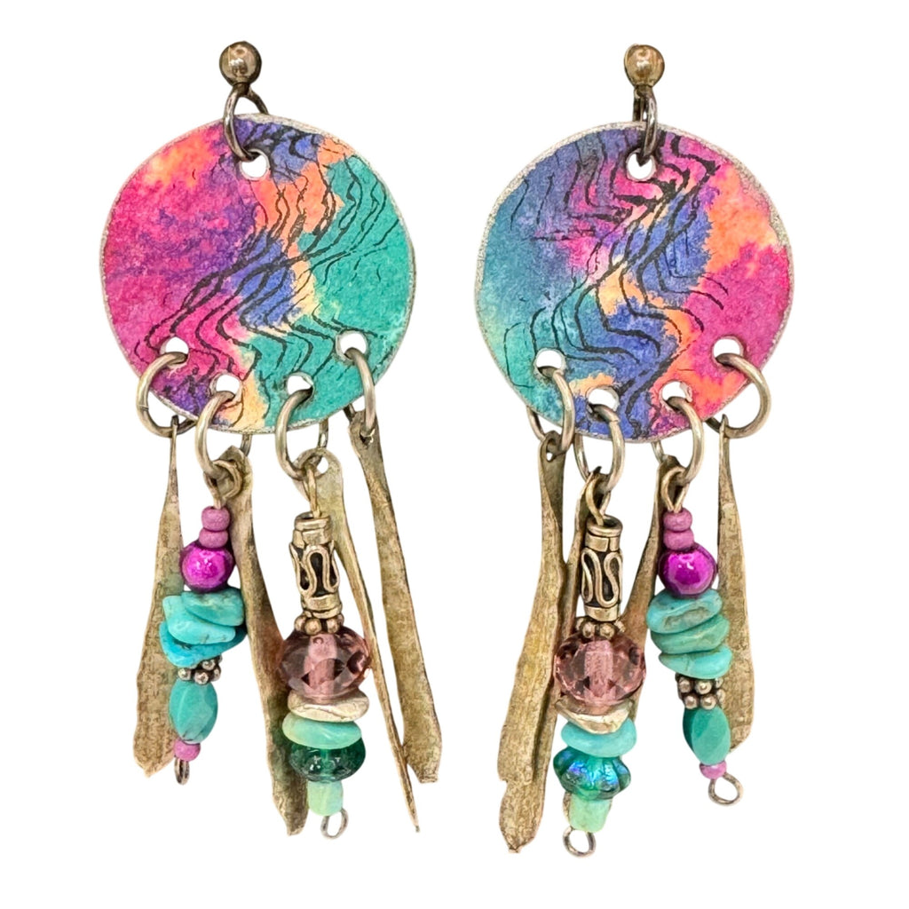 Sterling Boho Artisan Earrings Pink Green Beads Bronze Dangles 80s Chandelier