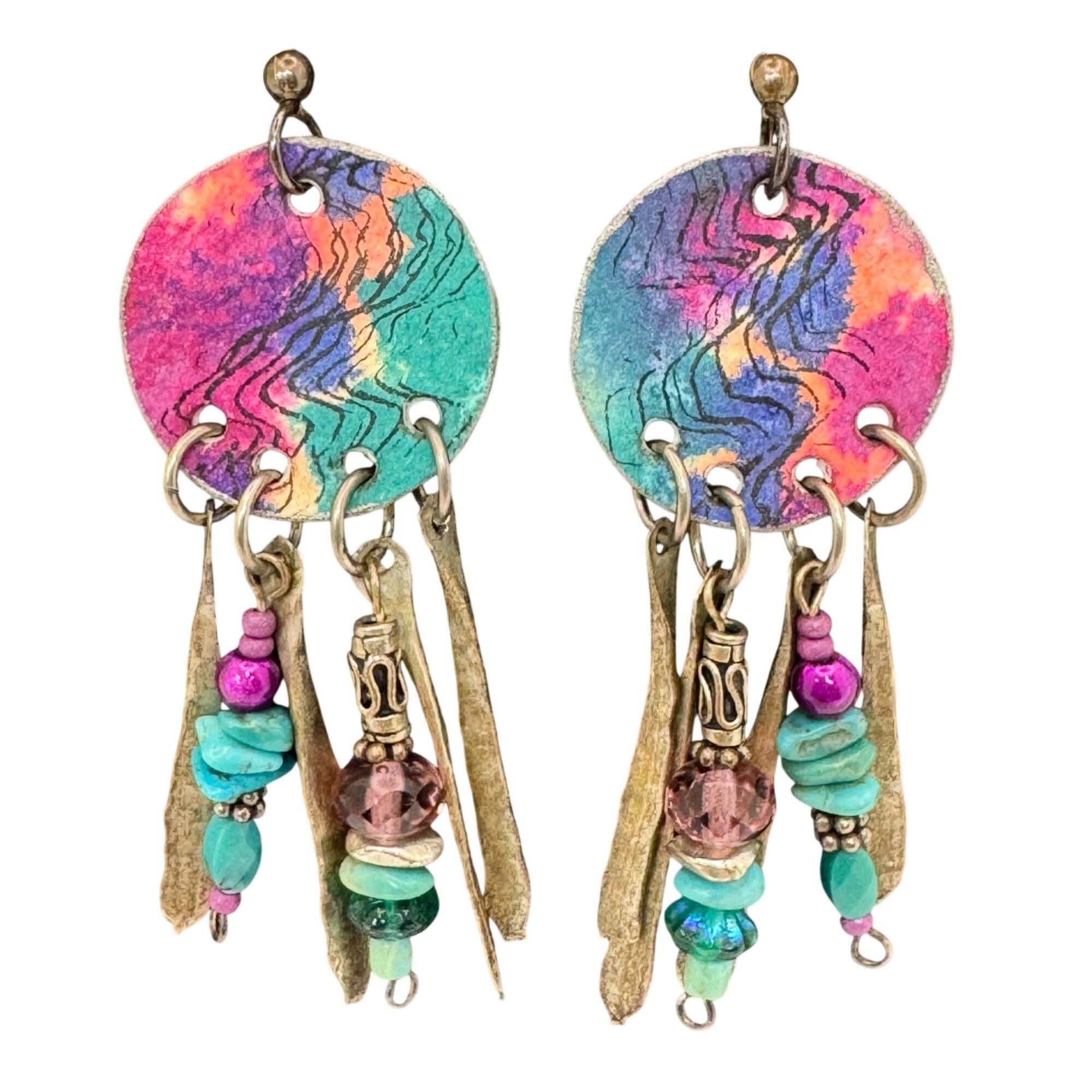 Sterling Boho Artisan Earrings Pink Green Beads Bronze Dangles 80s Chandelier