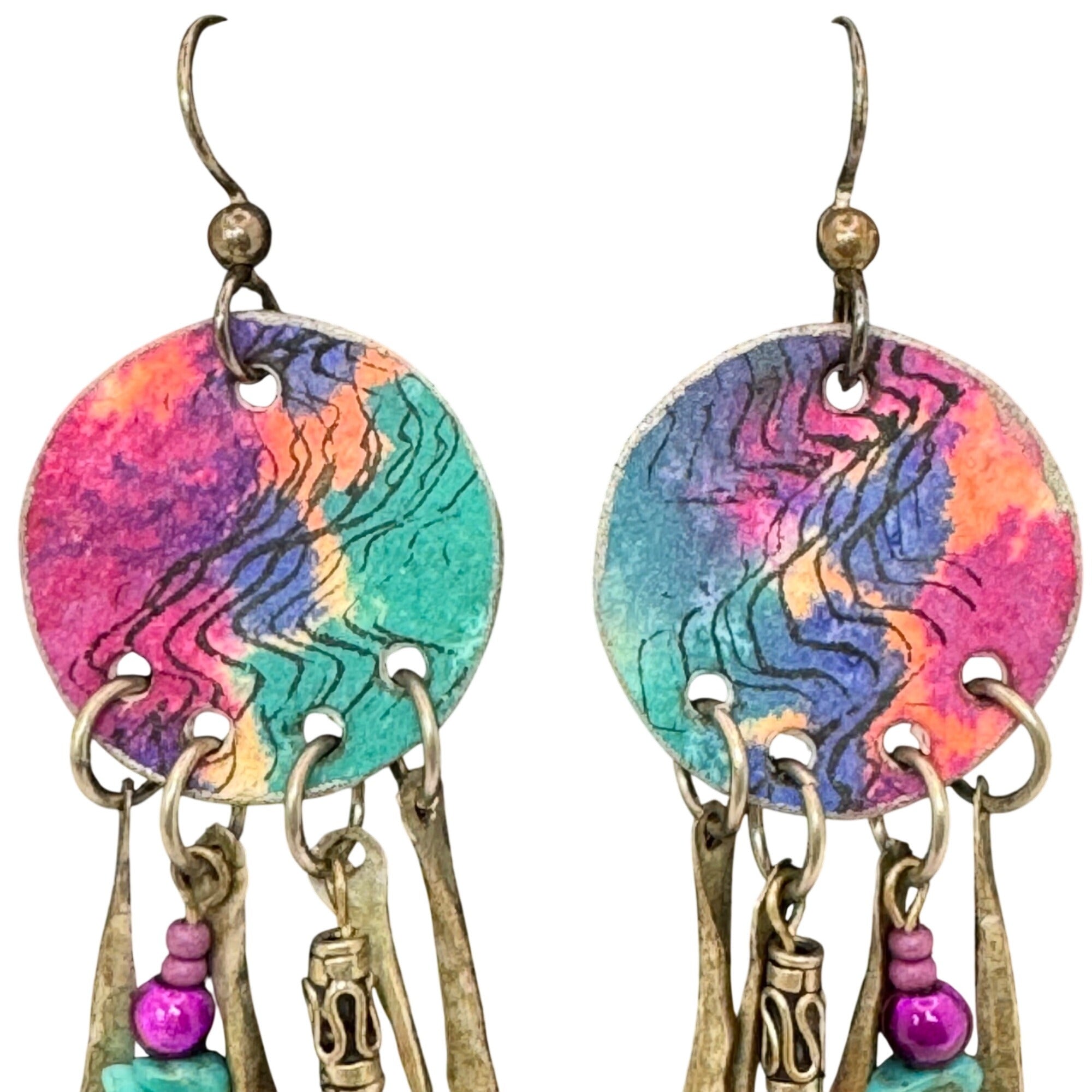 Sterling Boho Artisan Earrings Pink Green Beads Bronze Dangles 80s Chandelier