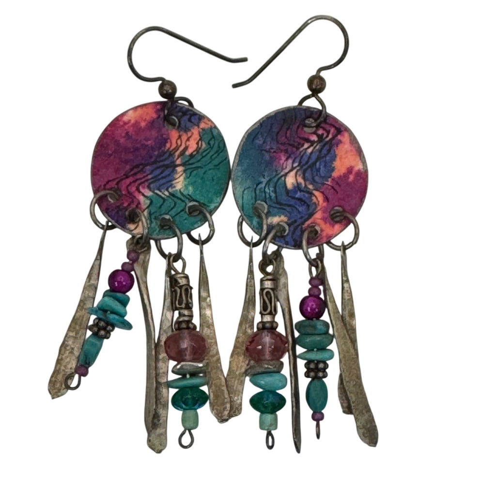 Sterling Boho Artisan Earrings Pink Green Beads Bronze Dangles 80s Chandelier