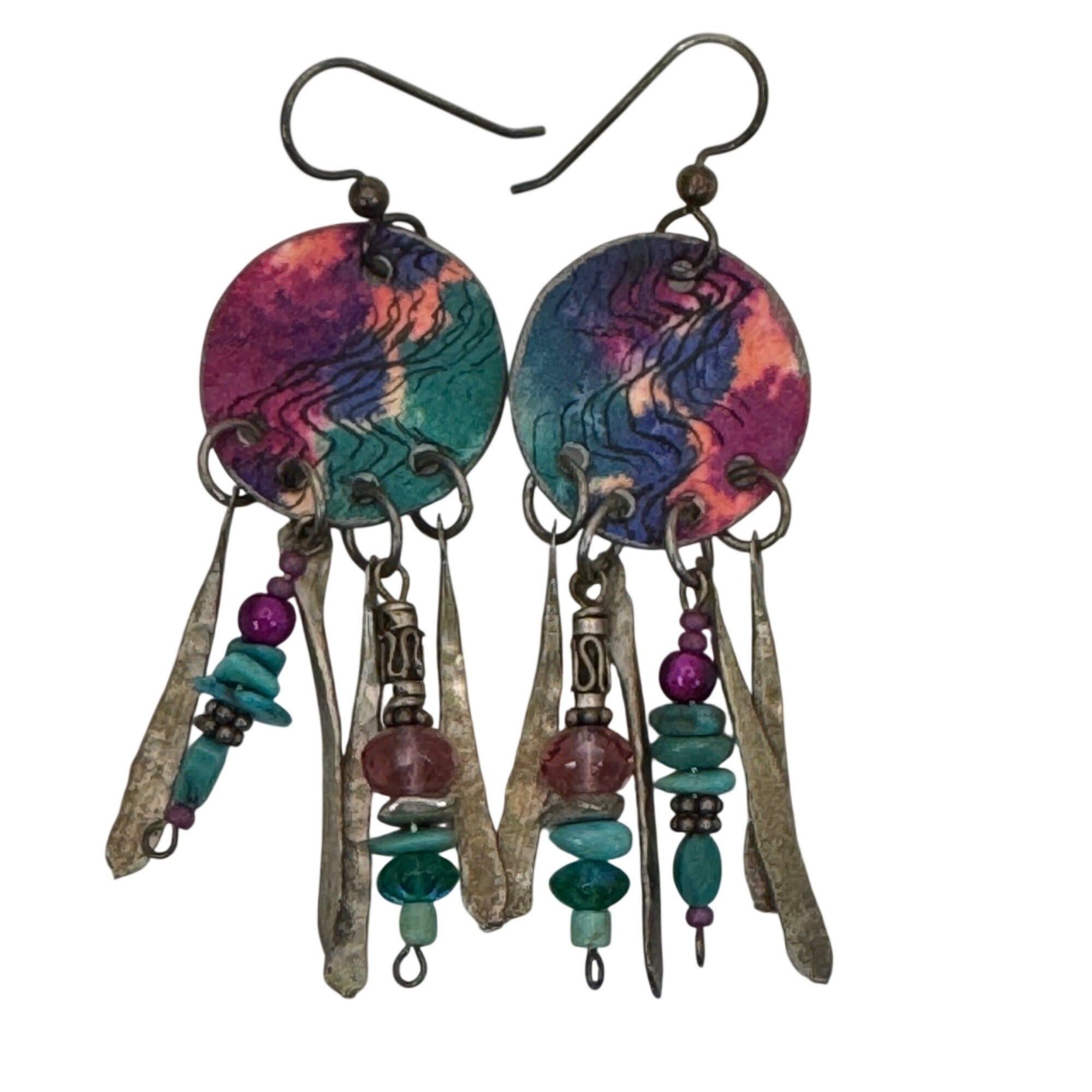 Sterling Boho Artisan Earrings Pink Green Beads Bronze Dangles 80s Chandelier