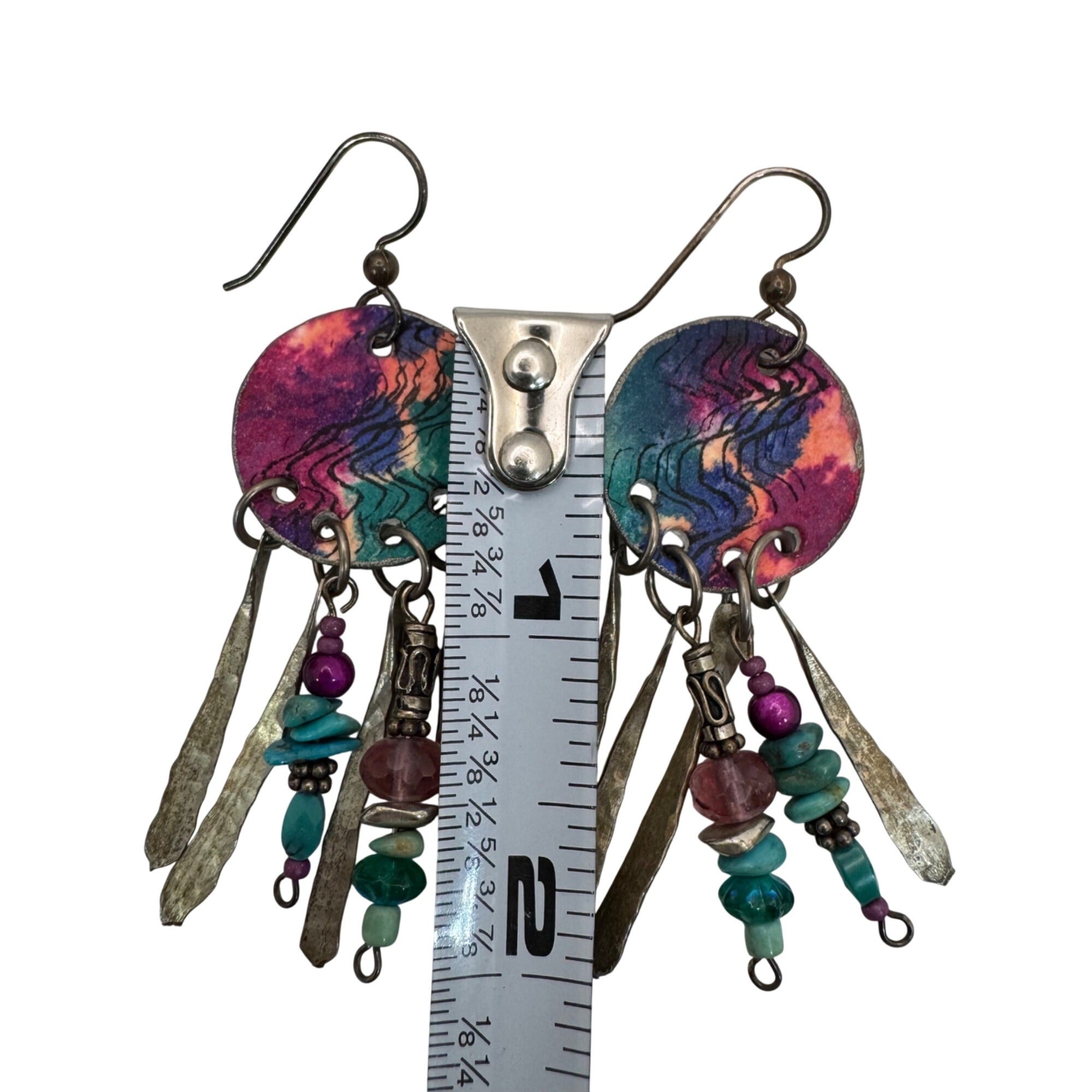 Sterling Boho Artisan Earrings Pink Green Beads Bronze Dangles 80s Chandelier