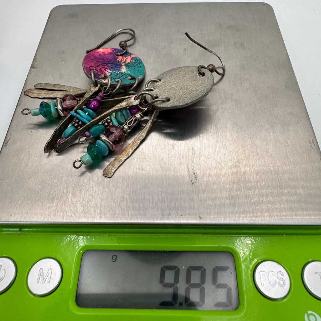 Sterling Boho Artisan Earrings Pink Green Beads Bronze Dangles 80s Chandelier