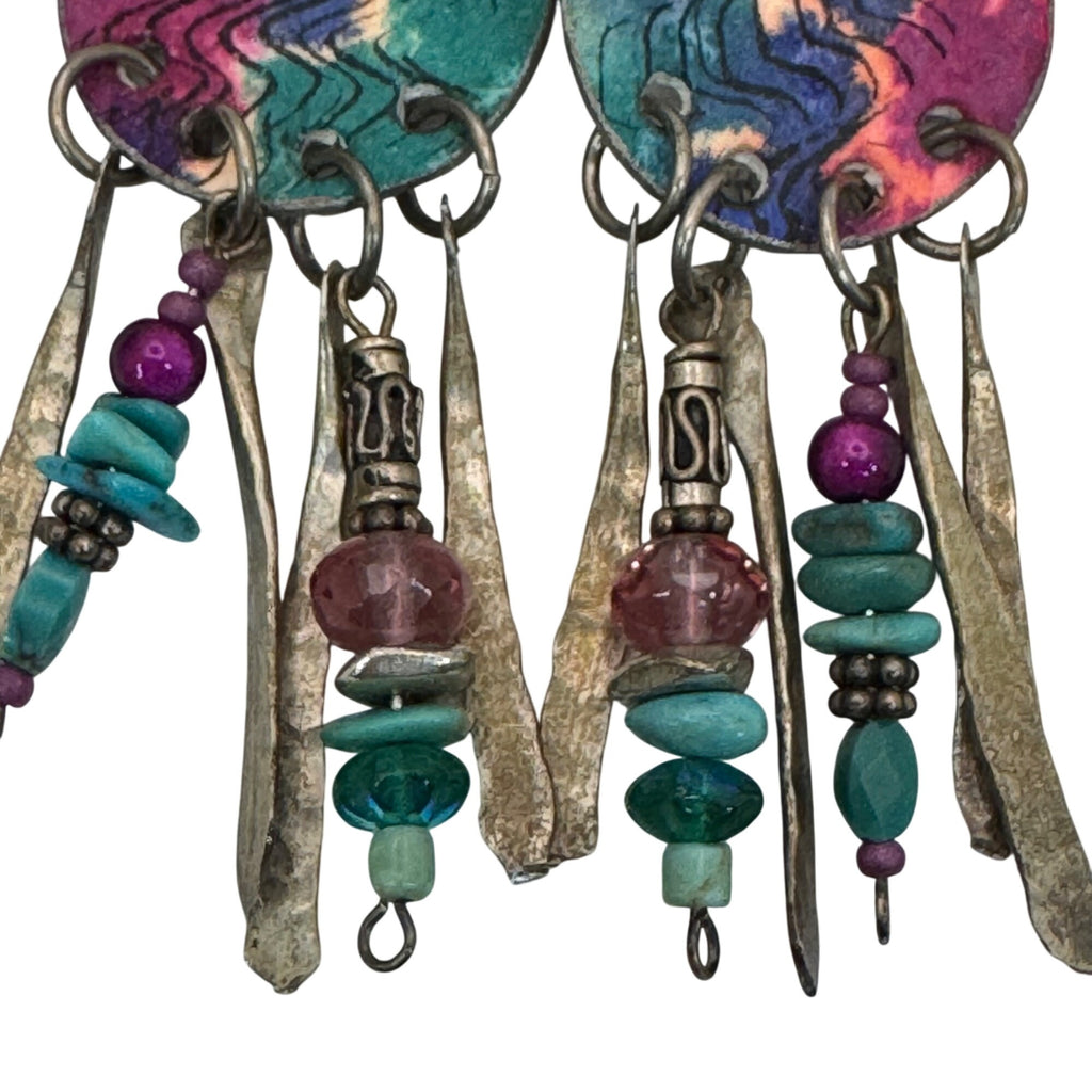Sterling Boho Artisan Earrings Pink Green Beads Bronze Dangles 80s Chandelier