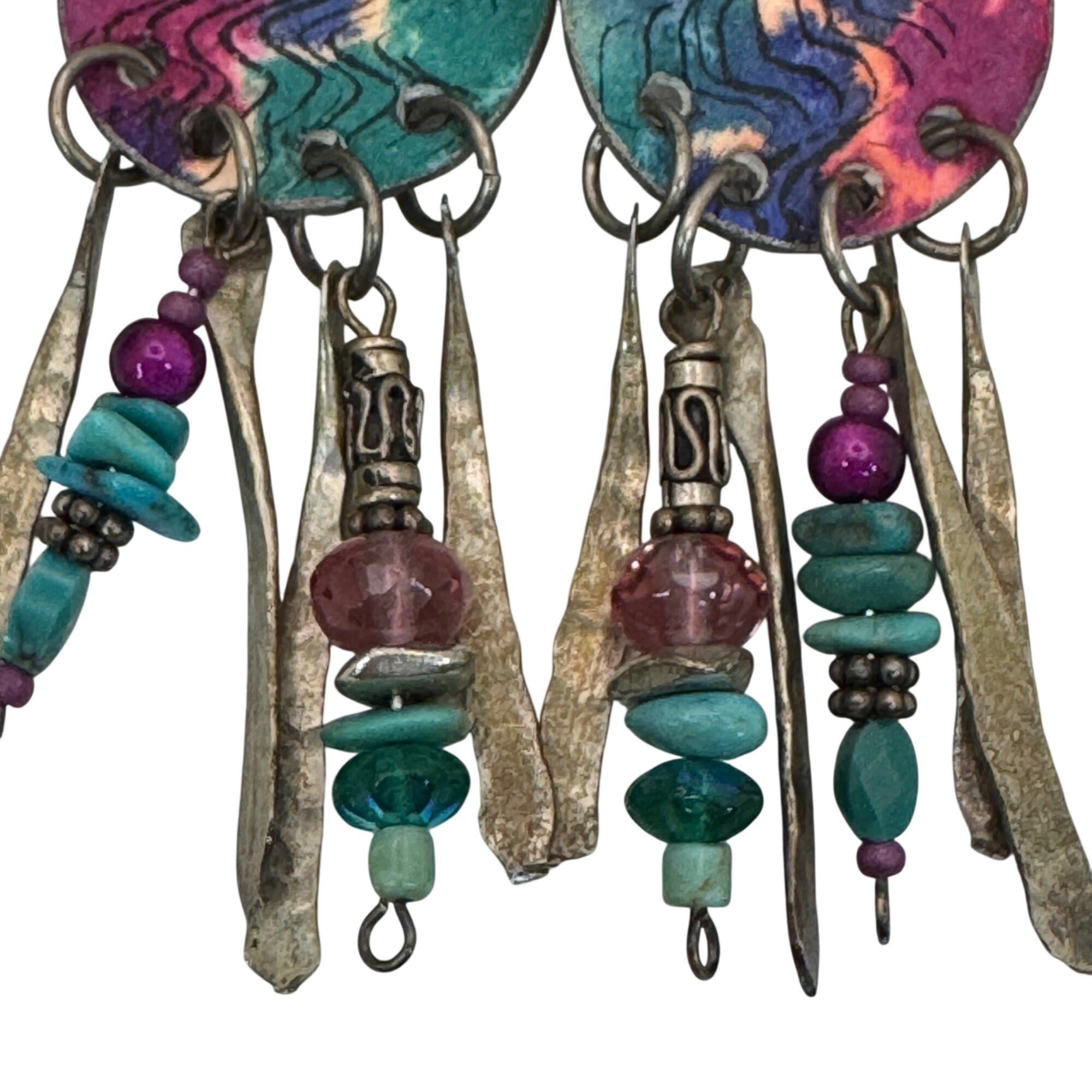 Sterling Boho Artisan Earrings Pink Green Beads Bronze Dangles 80s Chandelier