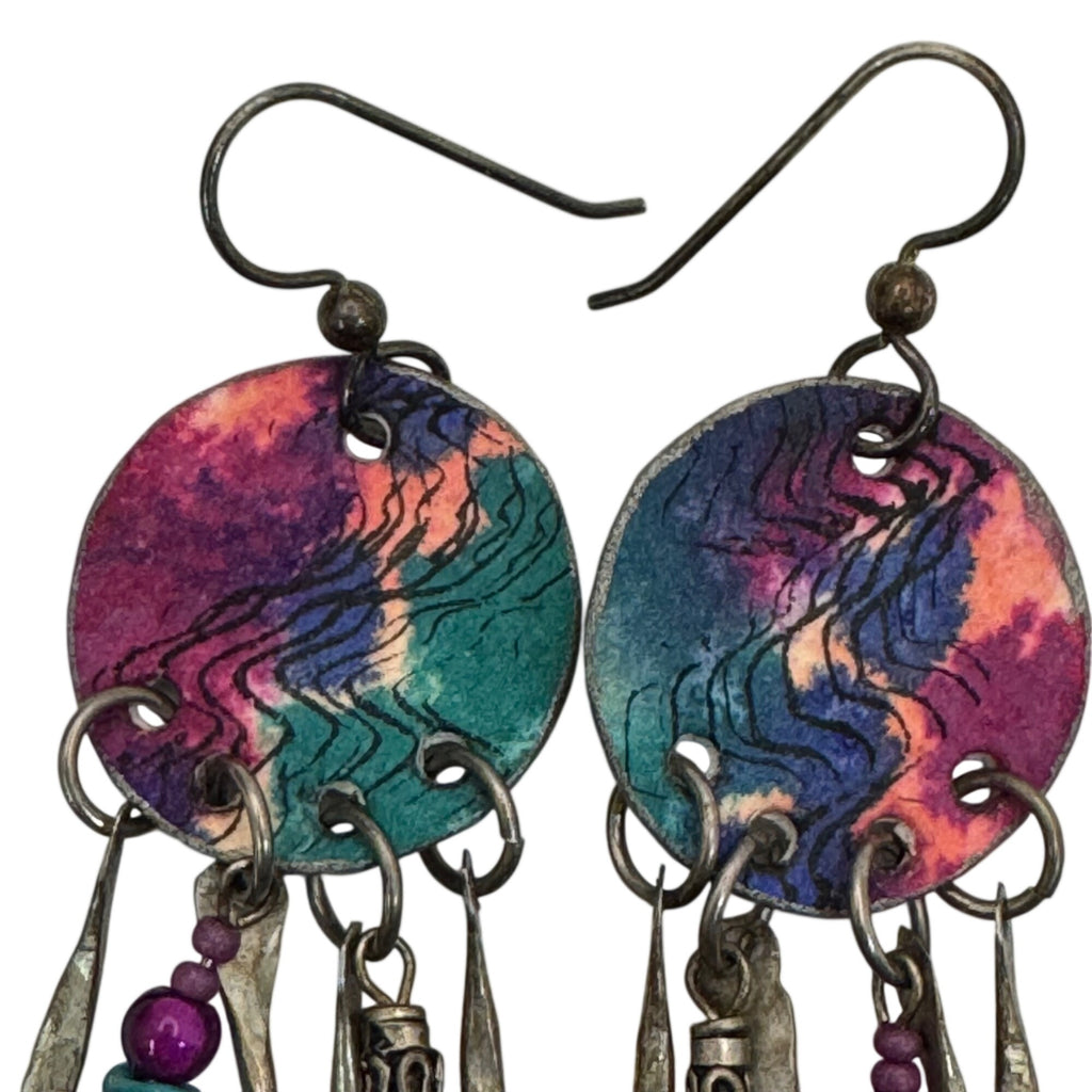 Sterling Boho Artisan Earrings Pink Green Beads Bronze Dangles 80s Chandelier