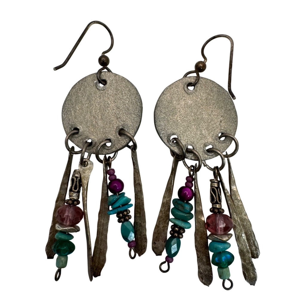 Sterling Boho Artisan Earrings Pink Green Beads Bronze Dangles 80s Chandelier