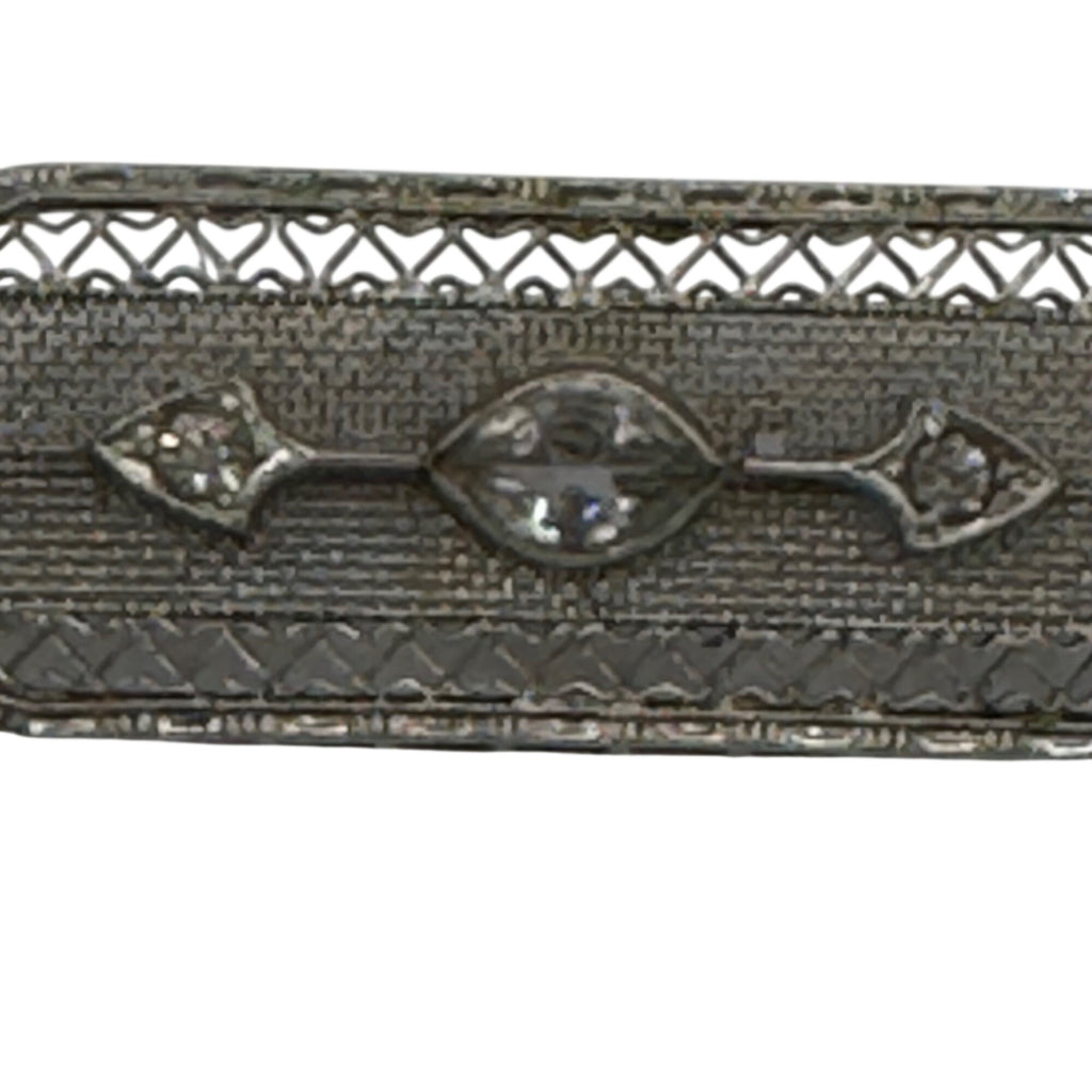Vintage 14k White Gold Art Deco Filigree Bar Brooch Rhinestone Clear 2" Antique
