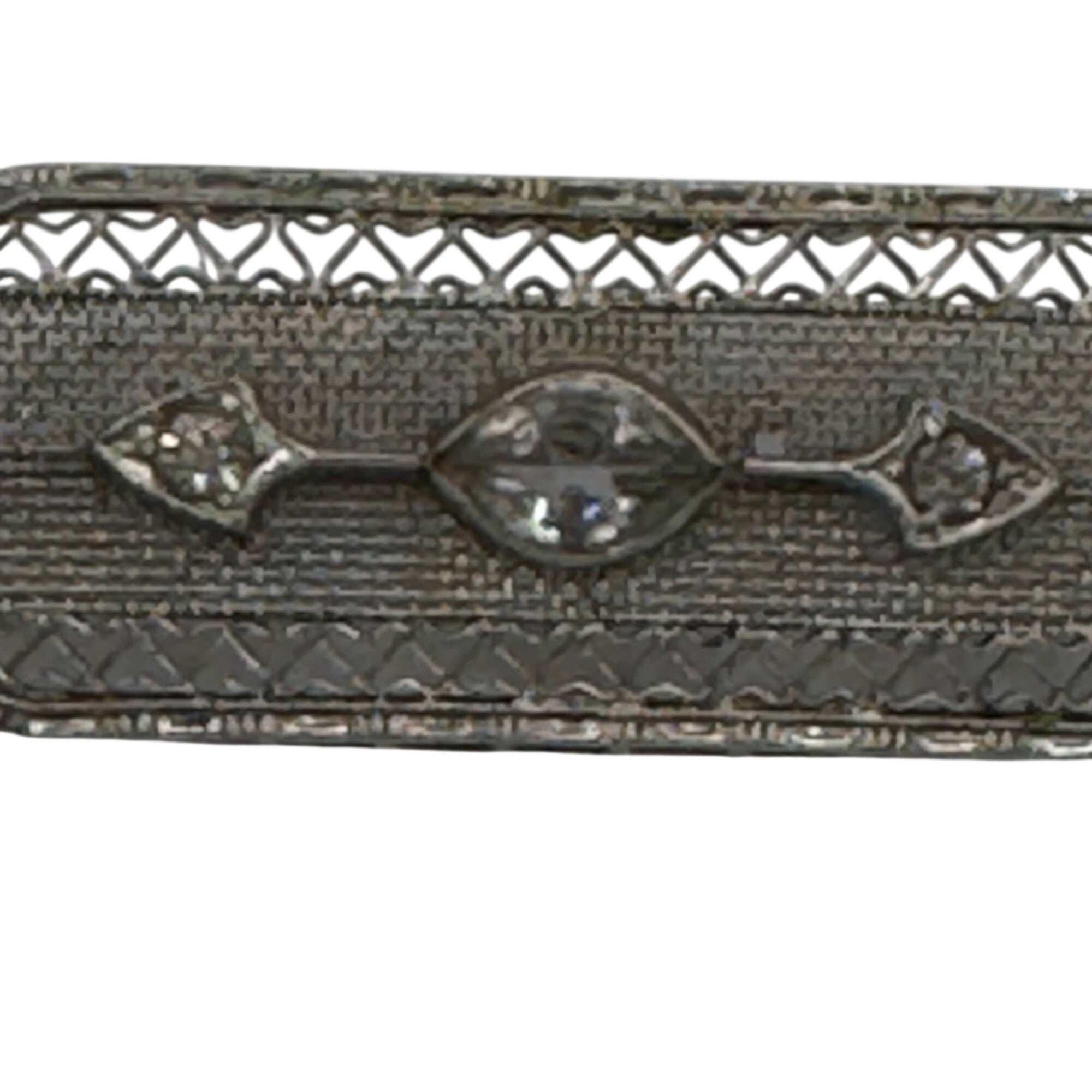 Vintage 14k White Gold Art Deco Filigree Bar Brooch Rhinestone Clear 2" Antique