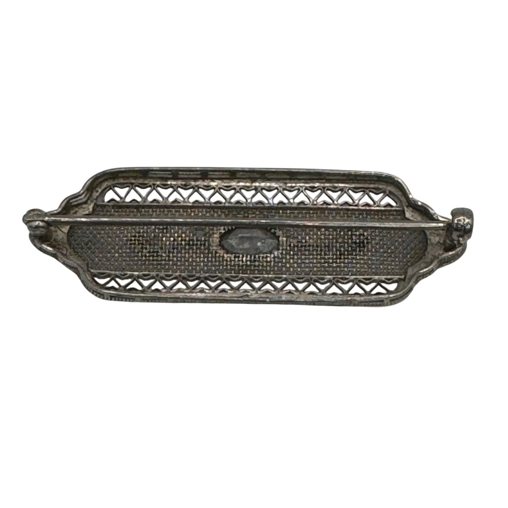Vintage 14k White Gold Art Deco Filigree Bar Brooch Rhinestone Clear 2" Antique