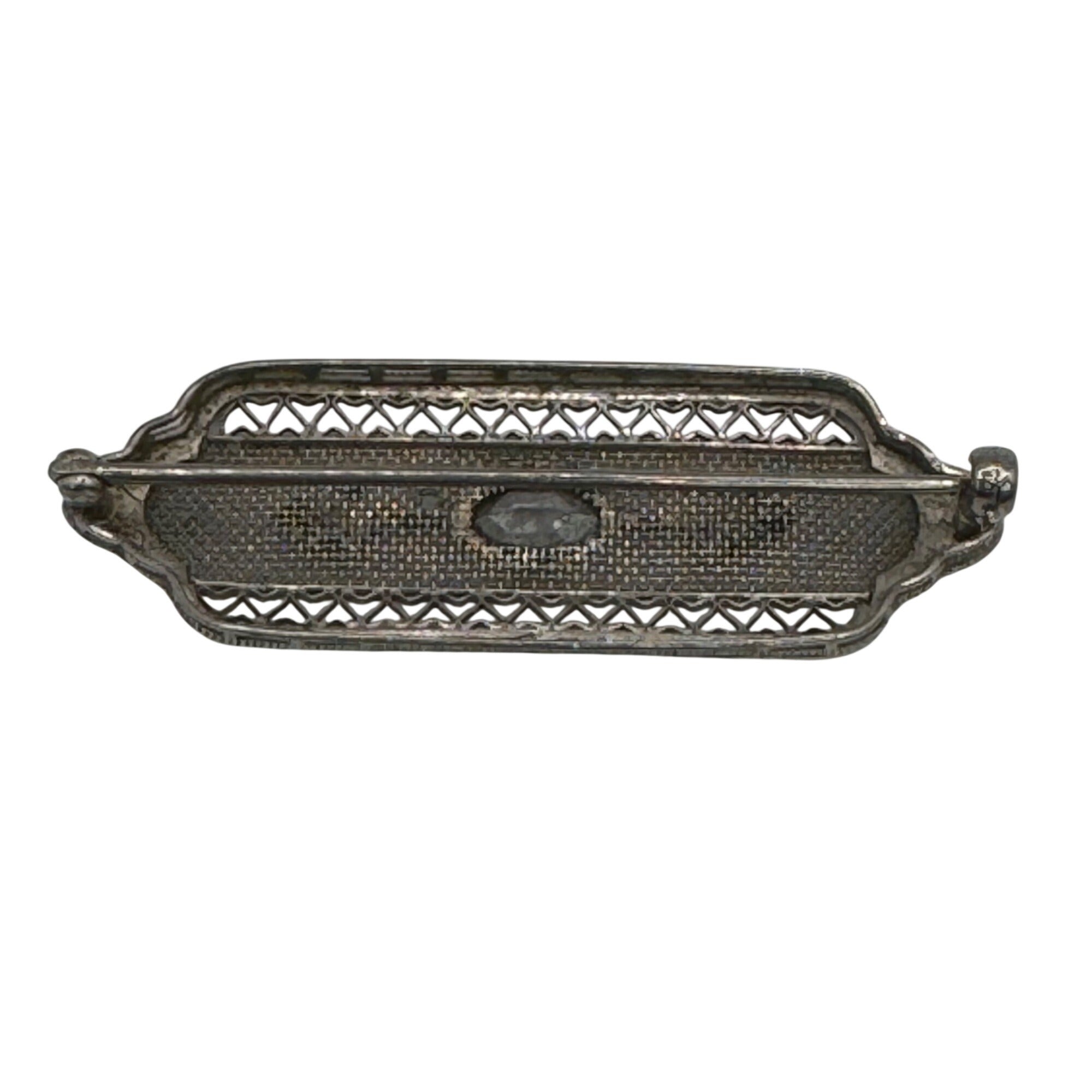 Vintage 14k White Gold Art Deco Filigree Bar Brooch Rhinestone Clear 2" Antique