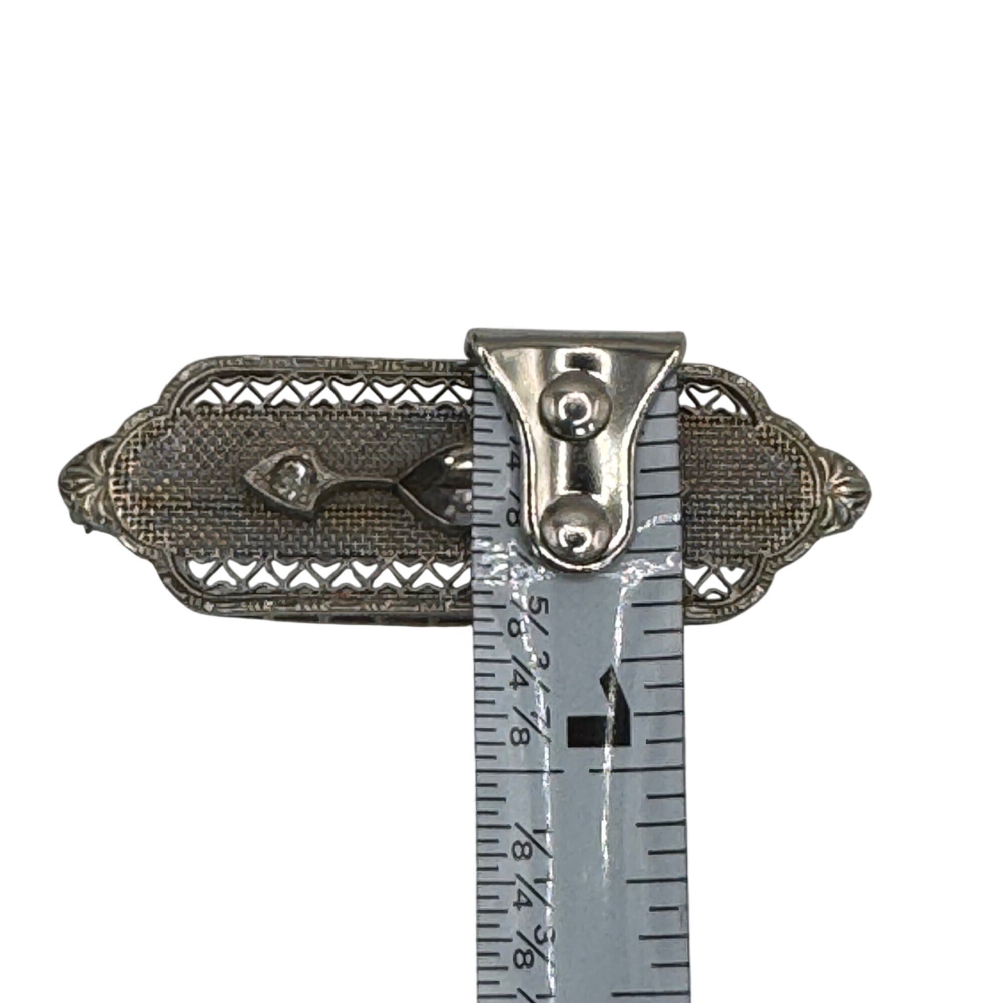 Vintage 14k White Gold Art Deco Filigree Bar Brooch Rhinestone Clear 2" Antique