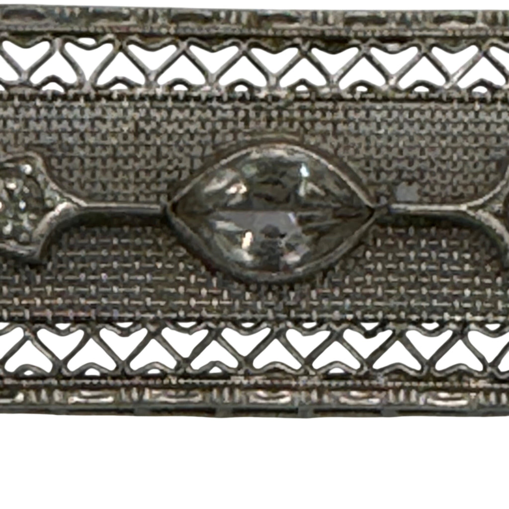 Vintage 14k White Gold Art Deco Filigree Bar Brooch Rhinestone Clear 2" Antique