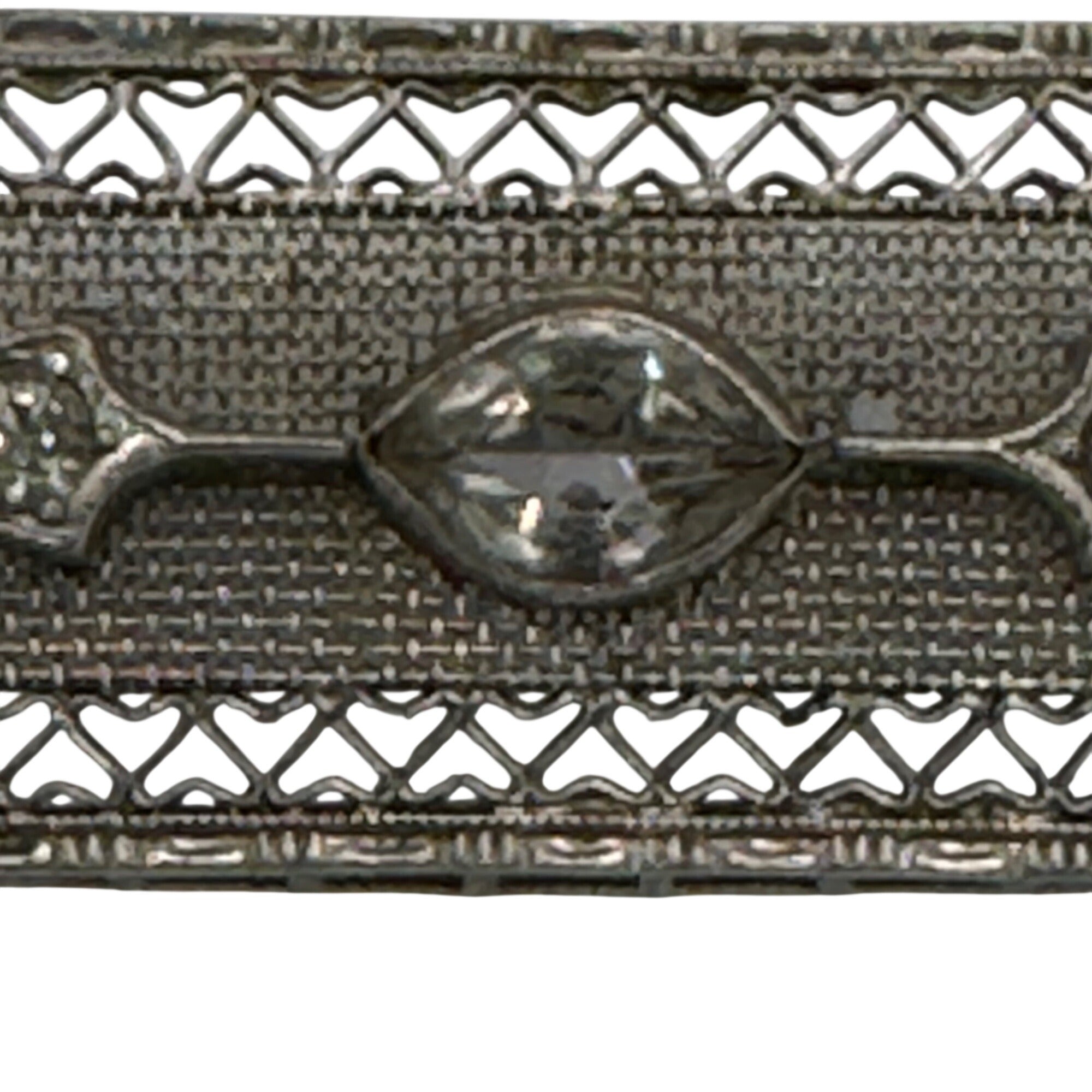 Vintage 14k White Gold Art Deco Filigree Bar Brooch Rhinestone Clear 2" Antique