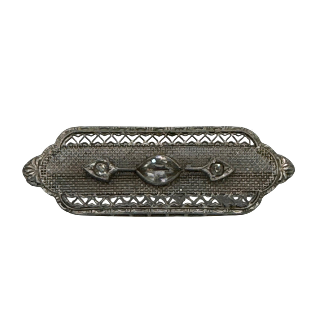 Vintage 14k White Gold Art Deco Filigree Bar Brooch Rhinestone Clear 2" Antique