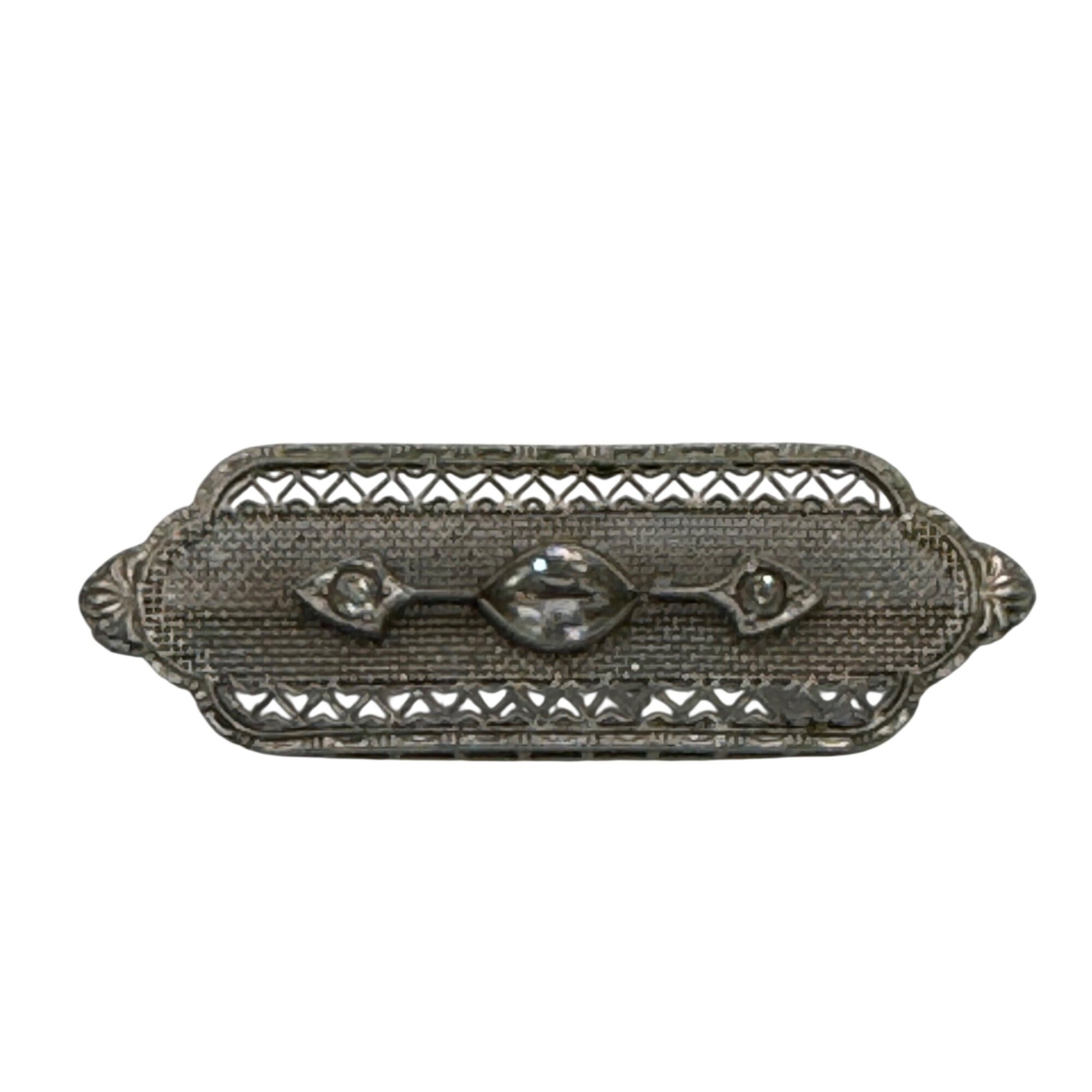 Vintage 14k White Gold Art Deco Filigree Bar Brooch Rhinestone Clear 2" Antique