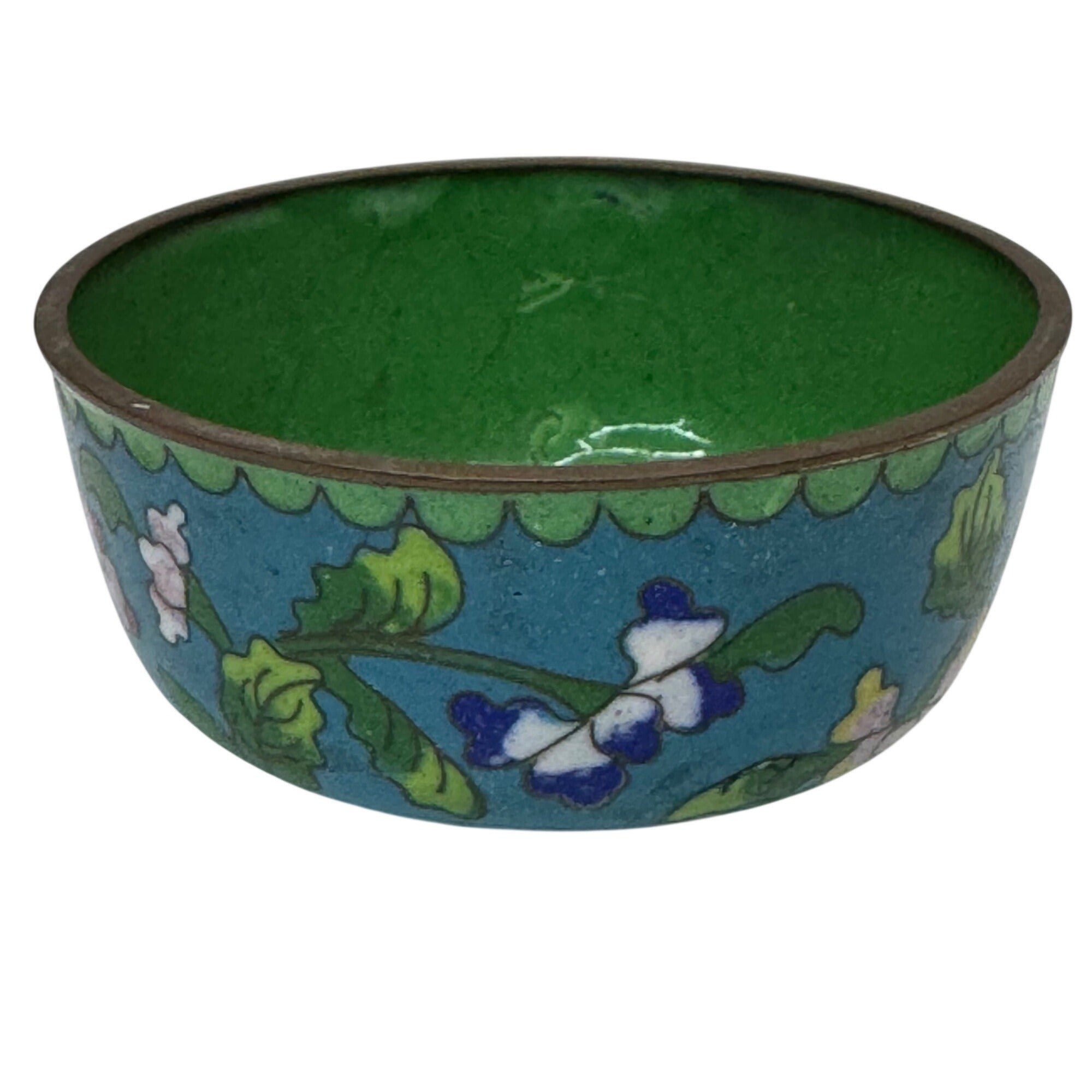 Vintage Cloisonné Floral Enameled Bowl Noodle Green 3” Jewelry Ring Storage