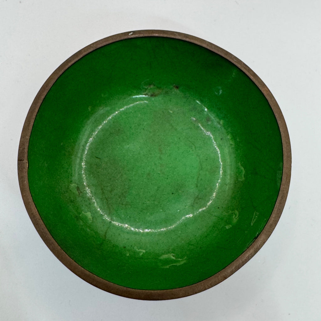 Vintage Cloisonné Floral Enameled Bowl Noodle Green 3” Jewelry Ring Storage