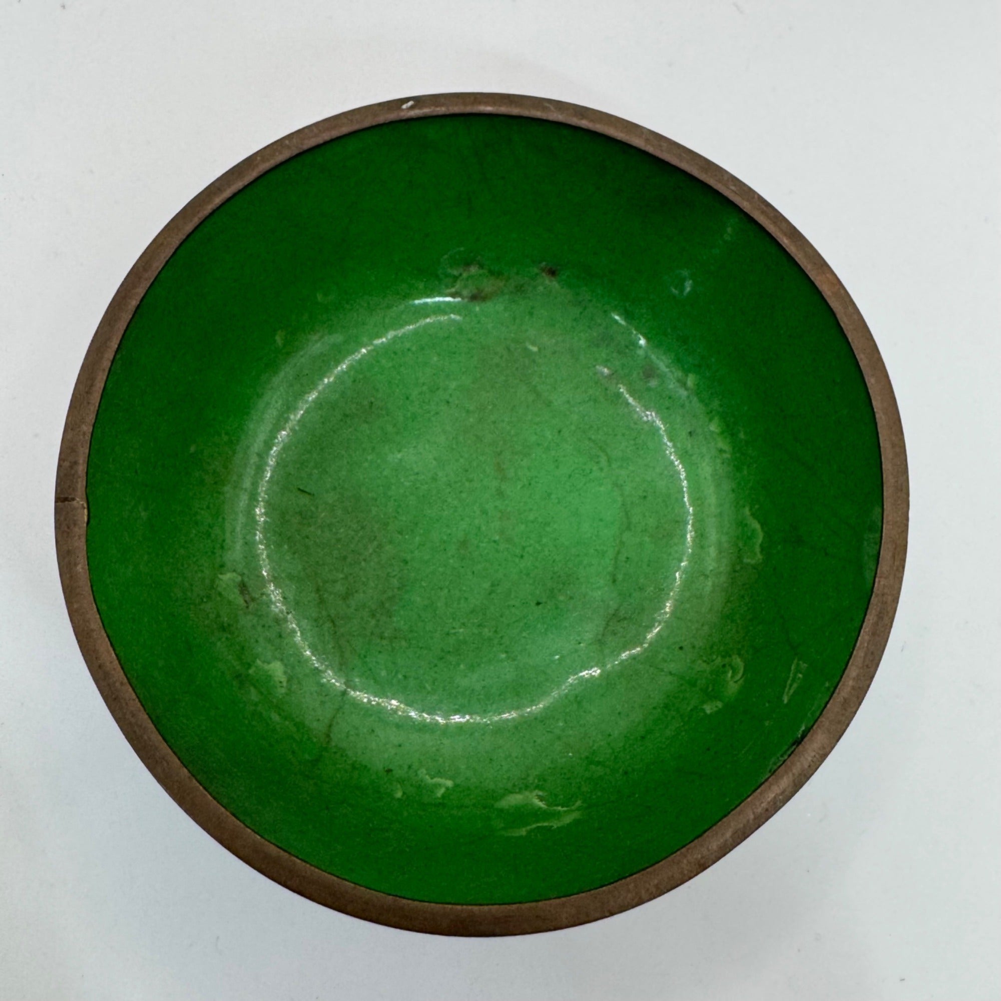 Vintage Cloisonné Floral Enameled Bowl Noodle Green 3” Jewelry Ring Storage