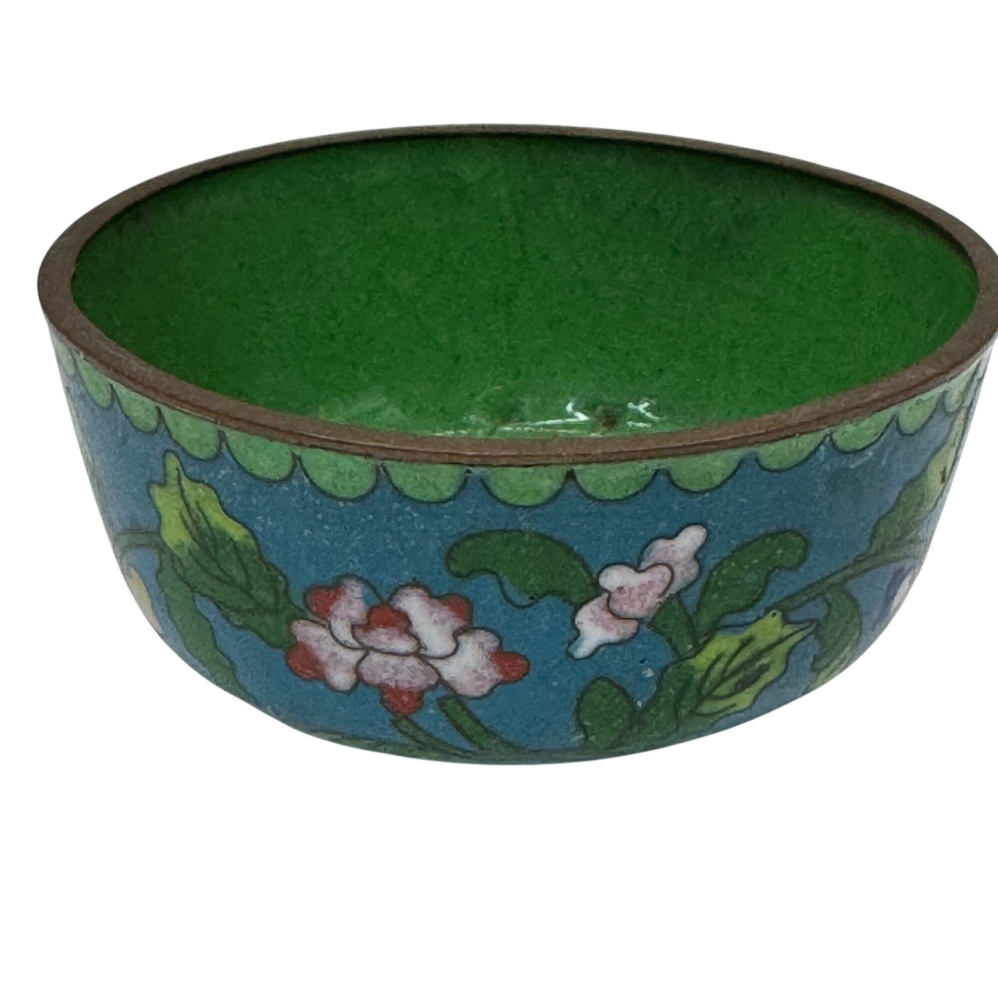 Vintage Cloisonné Floral Enameled Bowl Noodle Green 3” Jewelry Ring Storage