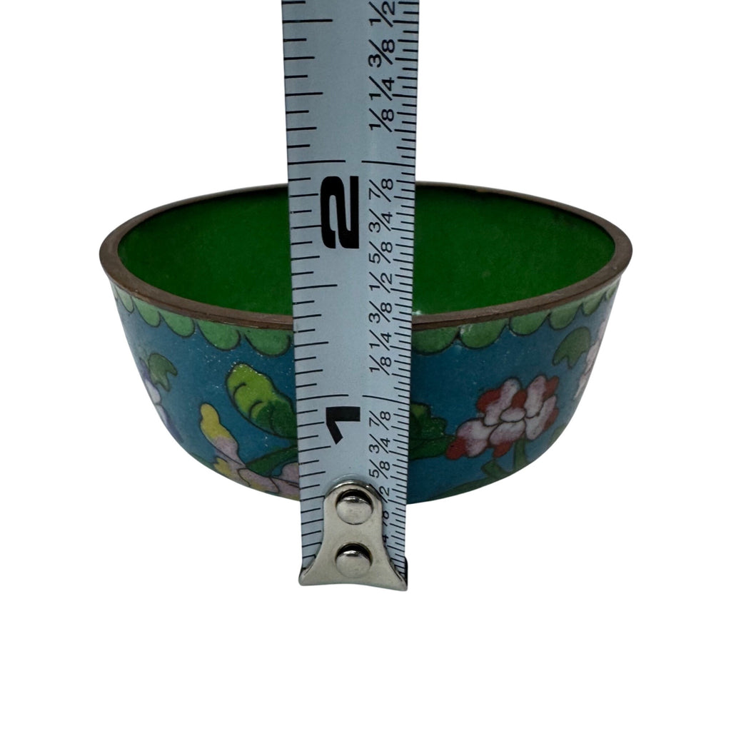 Vintage Cloisonné Floral Enameled Bowl Noodle Green 3” Jewelry Ring Storage