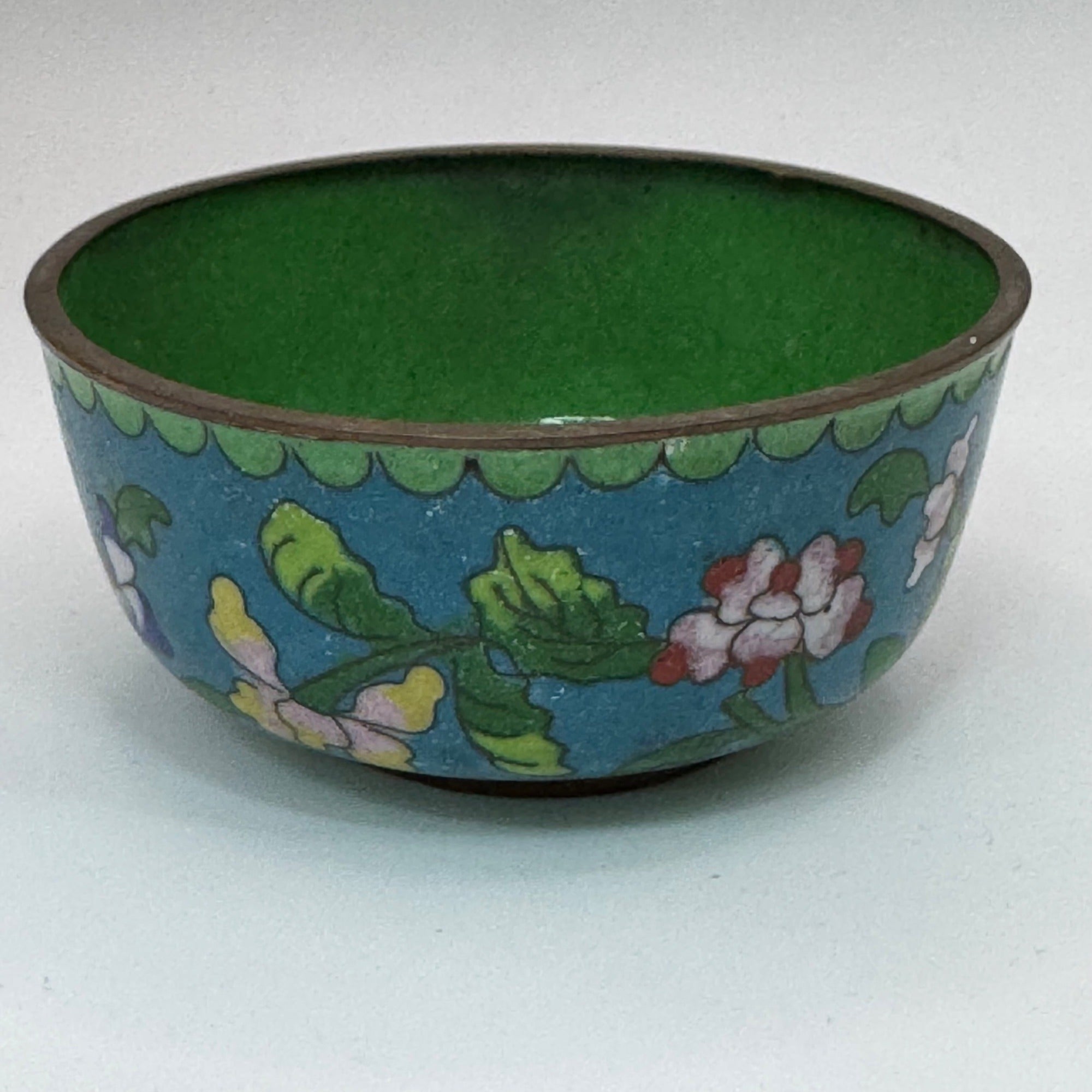 Vintage Cloisonné Floral Enameled Bowl Noodle Green 3” Jewelry Ring Storage