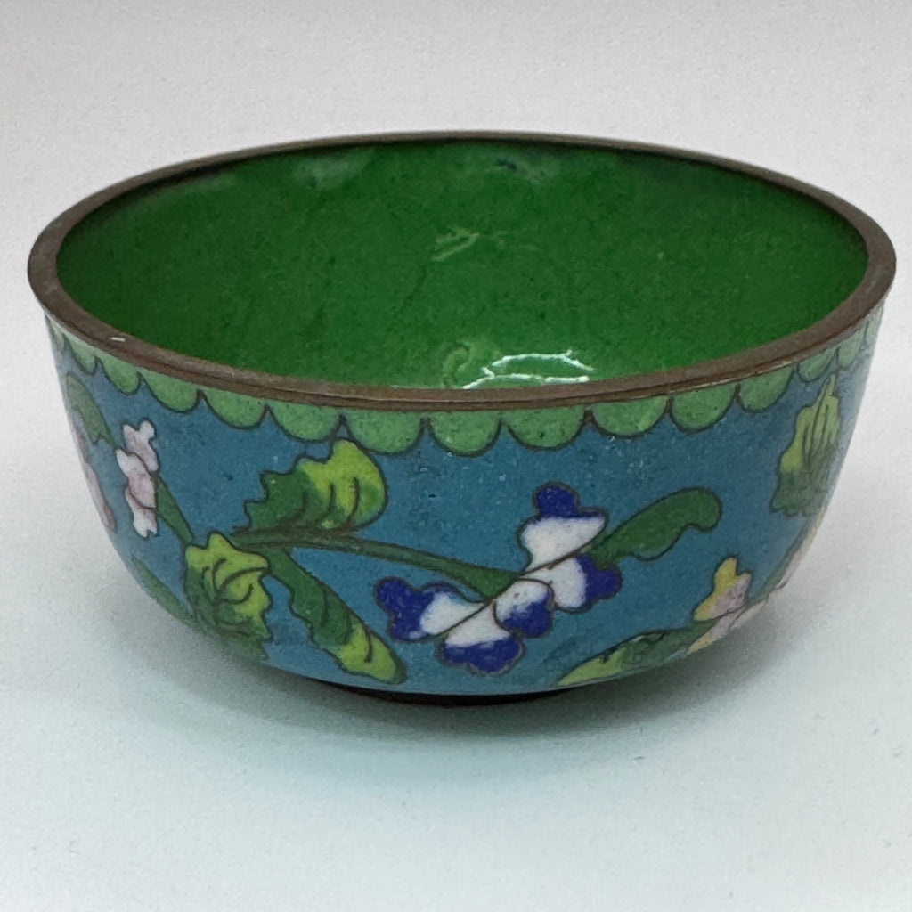 Vintage Cloisonné Floral Enameled Bowl Noodle Green 3” Jewelry Ring Storage