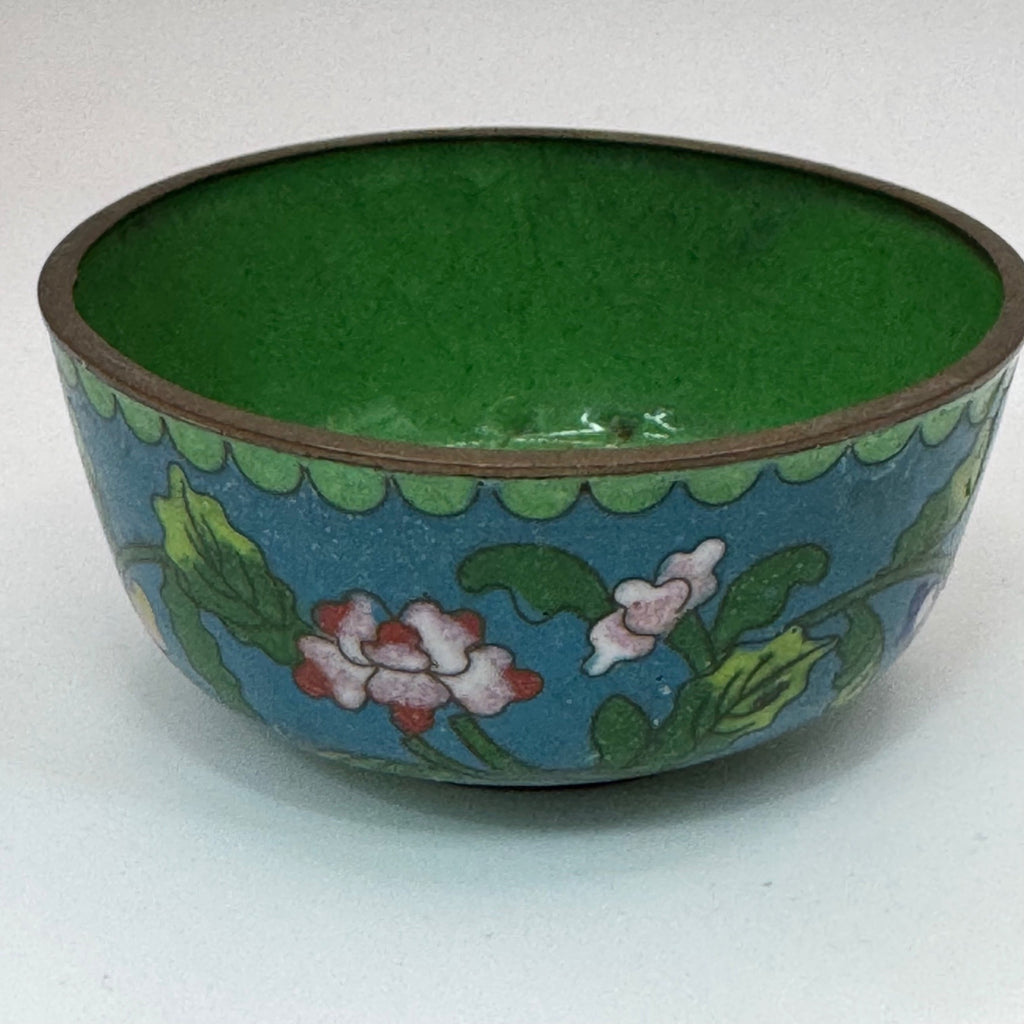 Vintage Cloisonné Floral Enameled Bowl Noodle Green 3” Jewelry Ring Storage