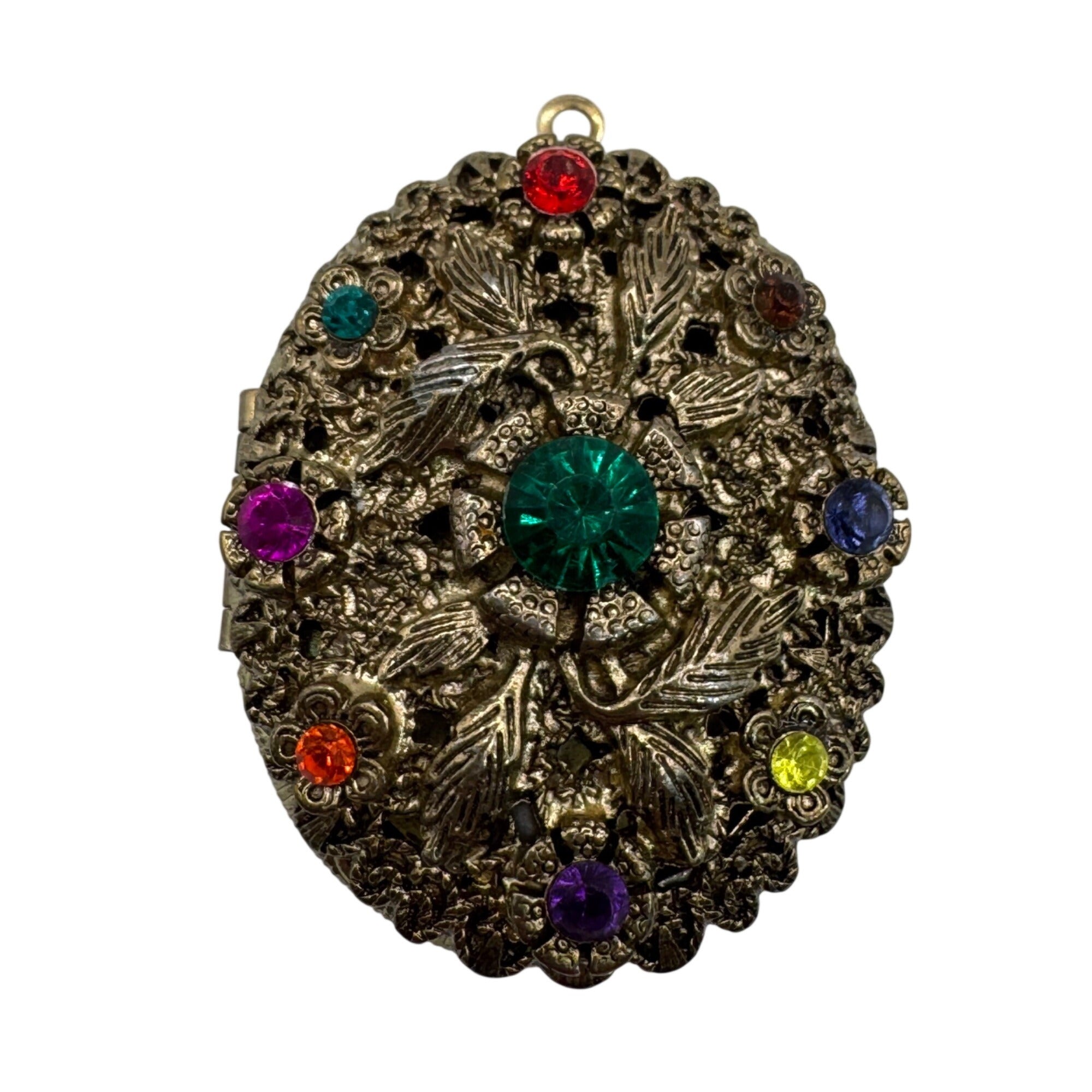 Vintage Large Locket Gold-Tone Filigree Oval Multicolor Rhinestones Art Deco
