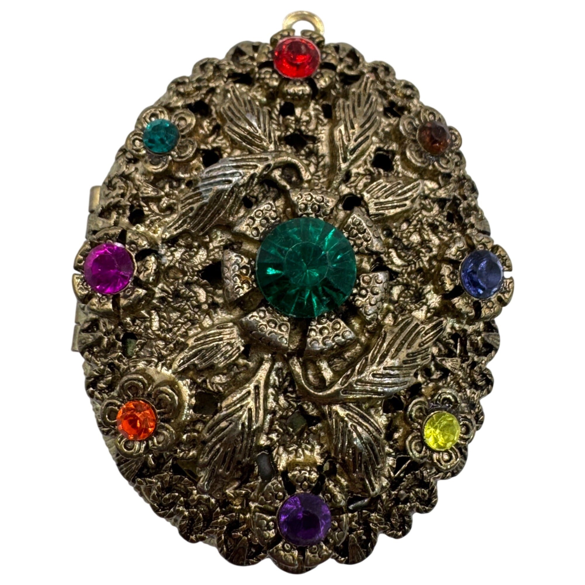 Vintage Large Locket Gold-Tone Filigree Oval Multicolor Rhinestones Art Deco