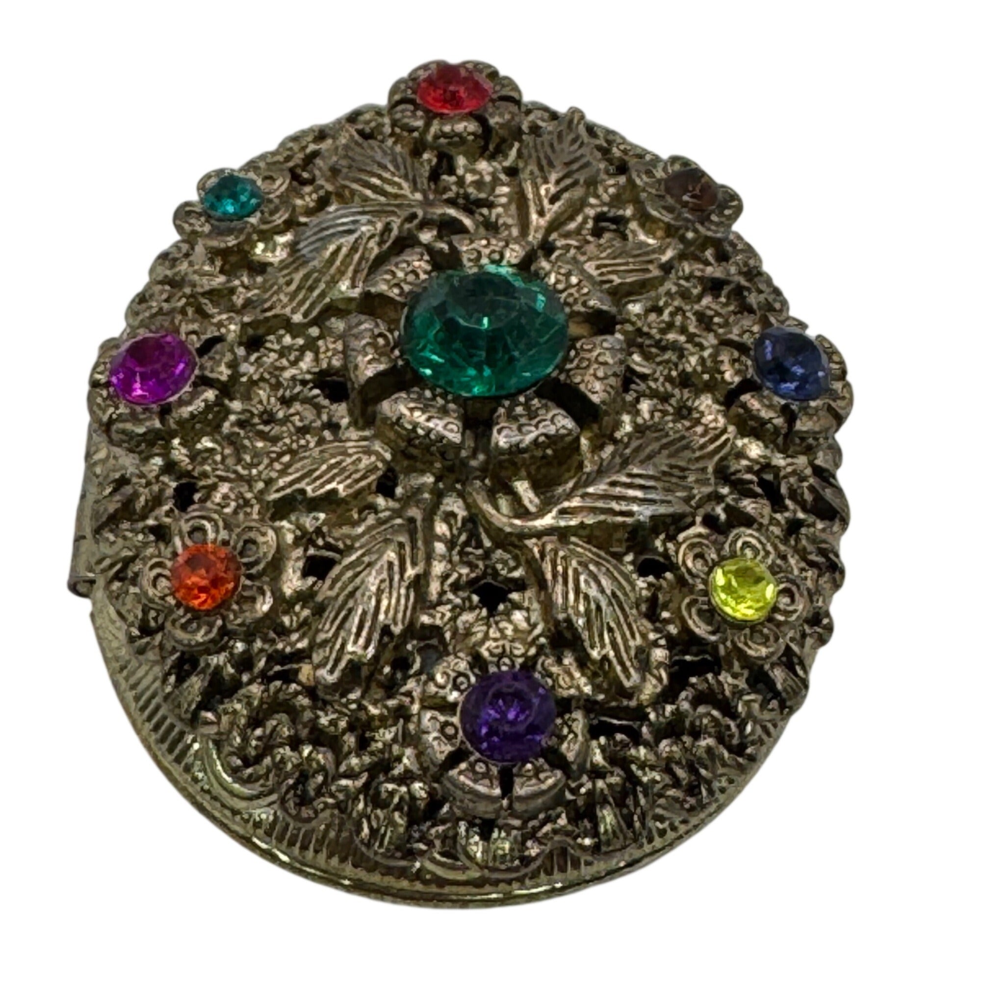 Vintage Large Locket Gold-Tone Filigree Oval Multicolor Rhinestones Art Deco