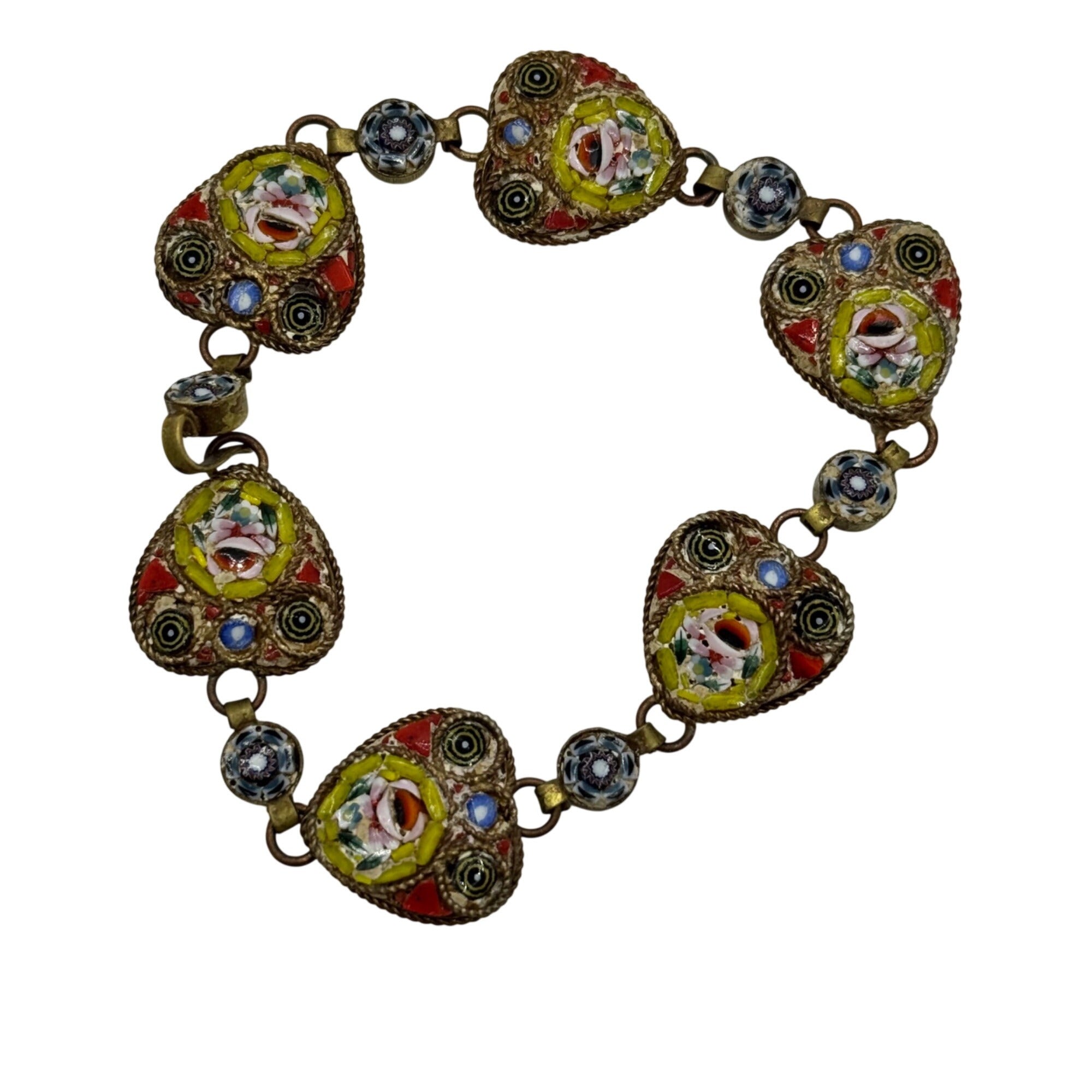 Micro Mosaic Heart Bracelet Italian Floral Gold Tone Brass Italy  6" Vintage