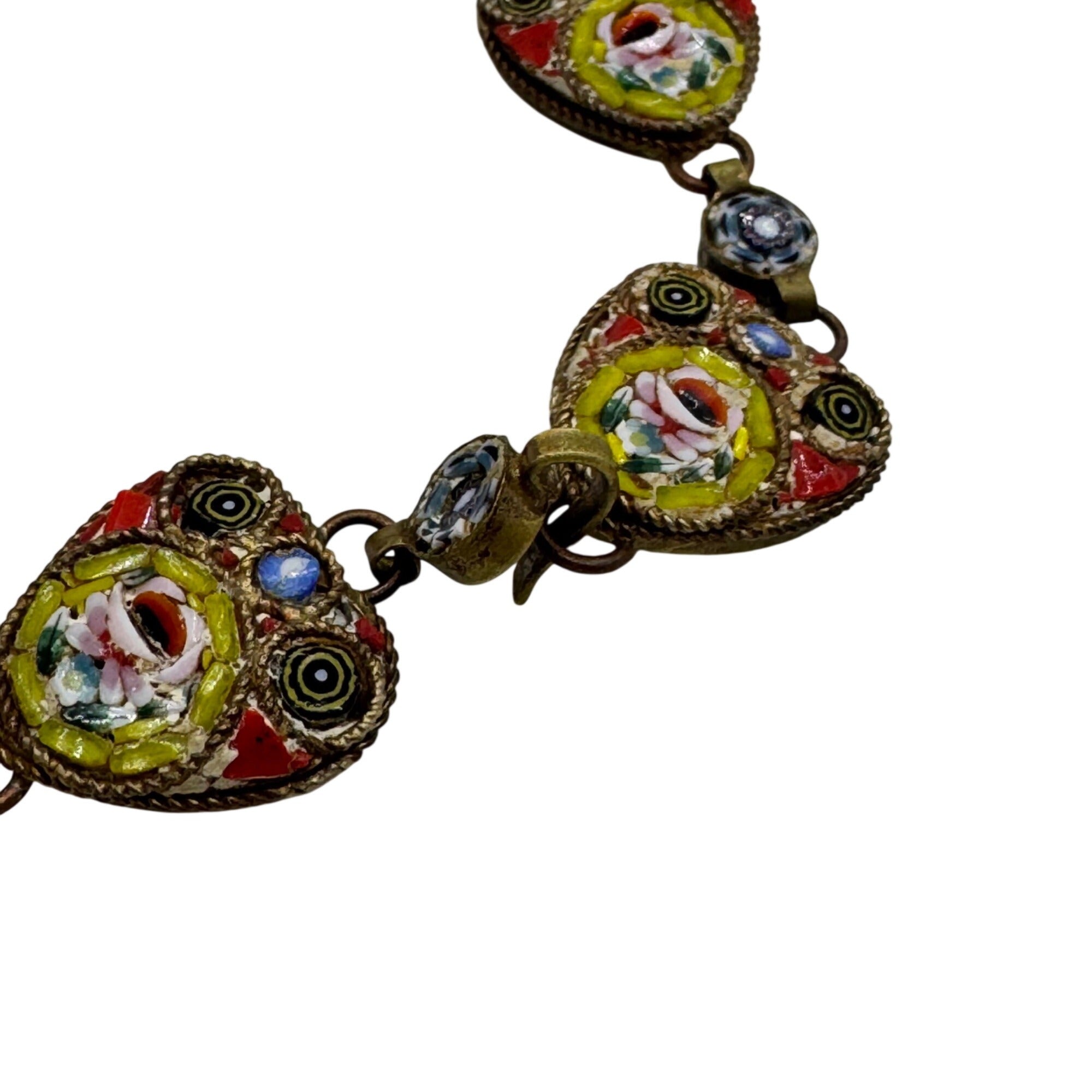 Micro Mosaic Heart Bracelet Italian Floral Gold Tone Brass Italy  6" Vintage