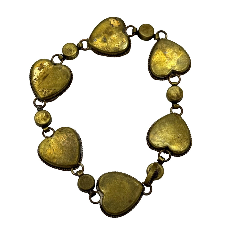 Micro Mosaic Heart Bracelet Italian Floral Gold Tone Brass Italy  6" Vintage