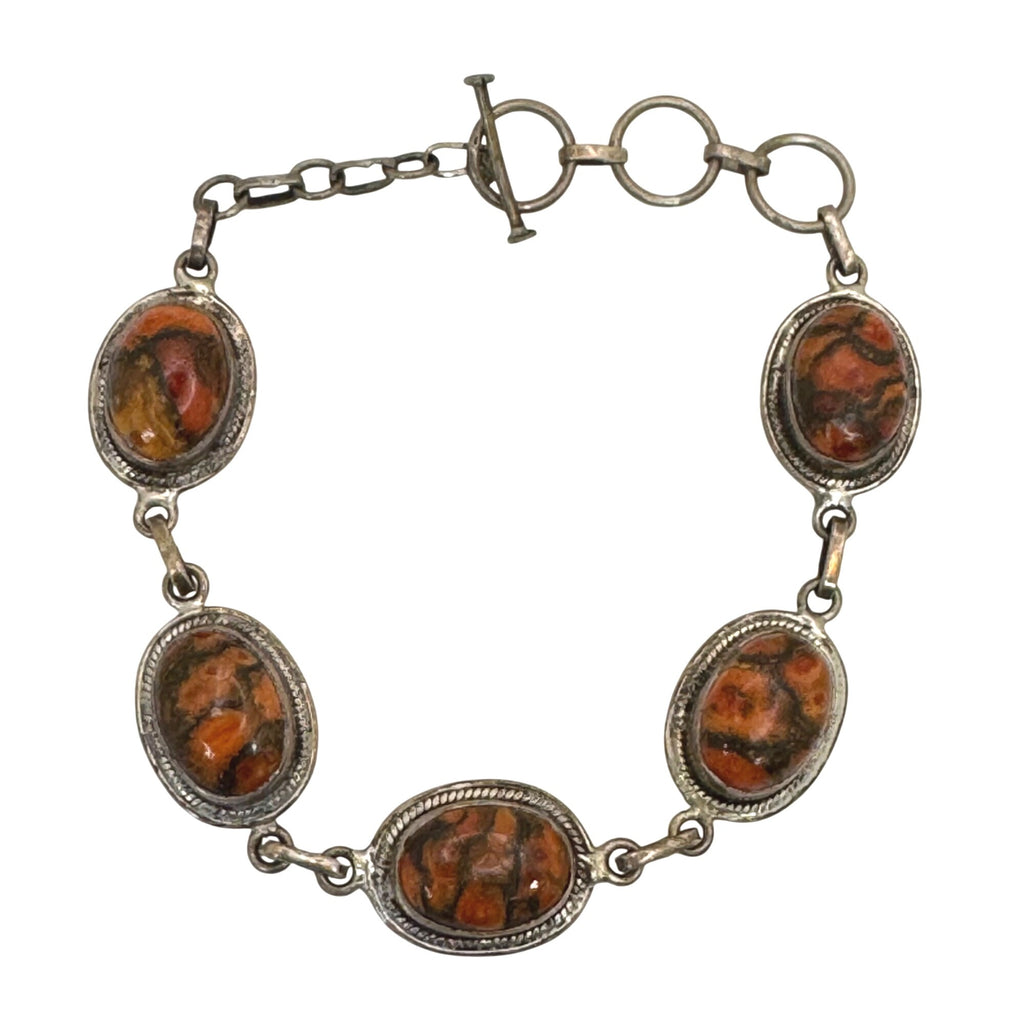 Vintage Silver Orange Bumblebee Jasper Cabochon Bracelet Toggle Clasp Southwest